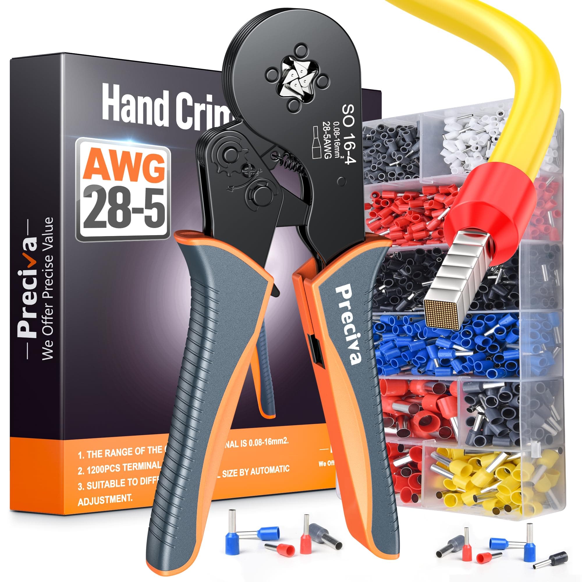 Ferrule Crimping Tool Kit, Square Crimping Tools, Ratchet Jaw Wire Crimping Pliers for AWG 28-5 with 1200 PCS Terminal Connector Sleeves