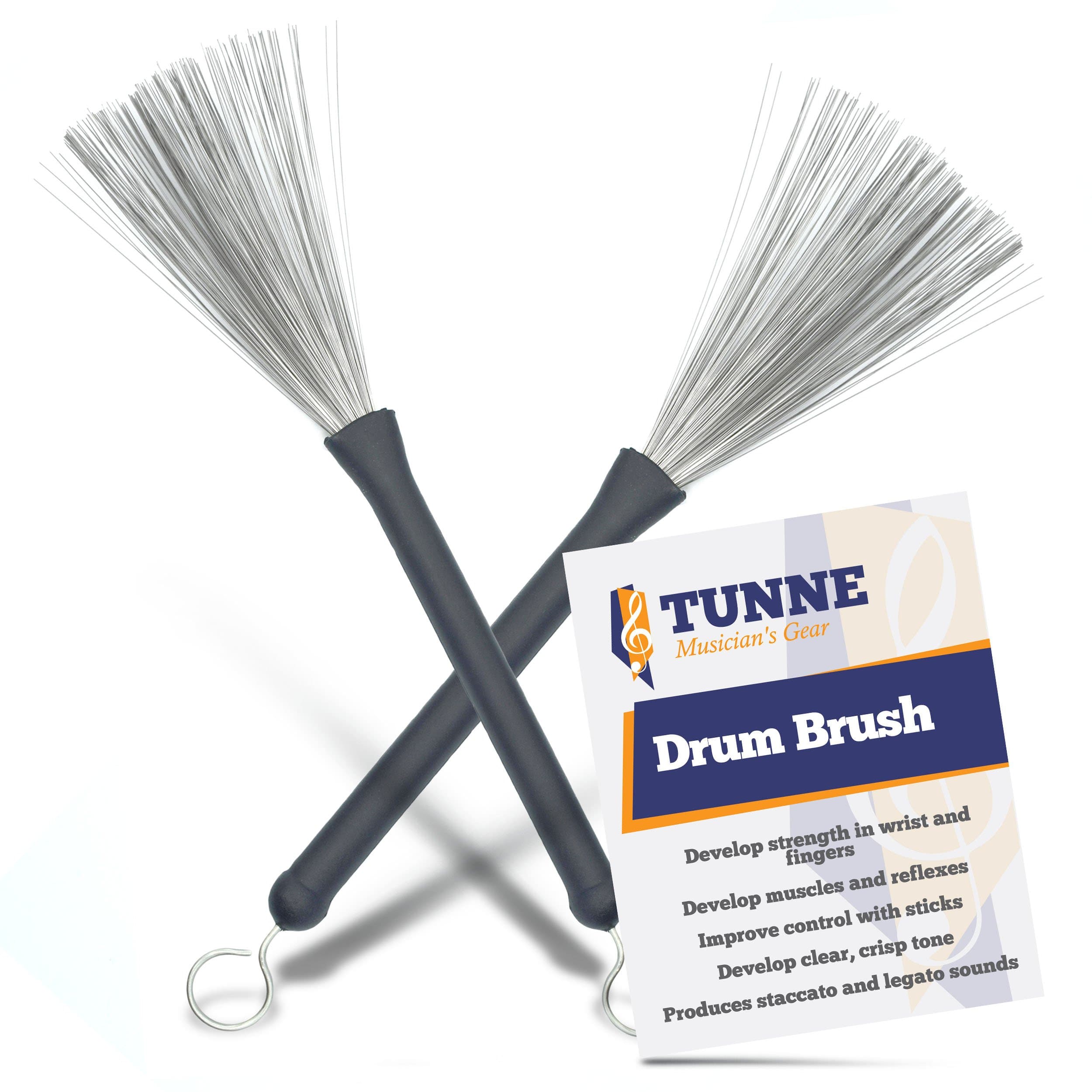 Tunne Drum Brushes with Comfort Grip and Flex Wire for Clear, Easy Drumming Black