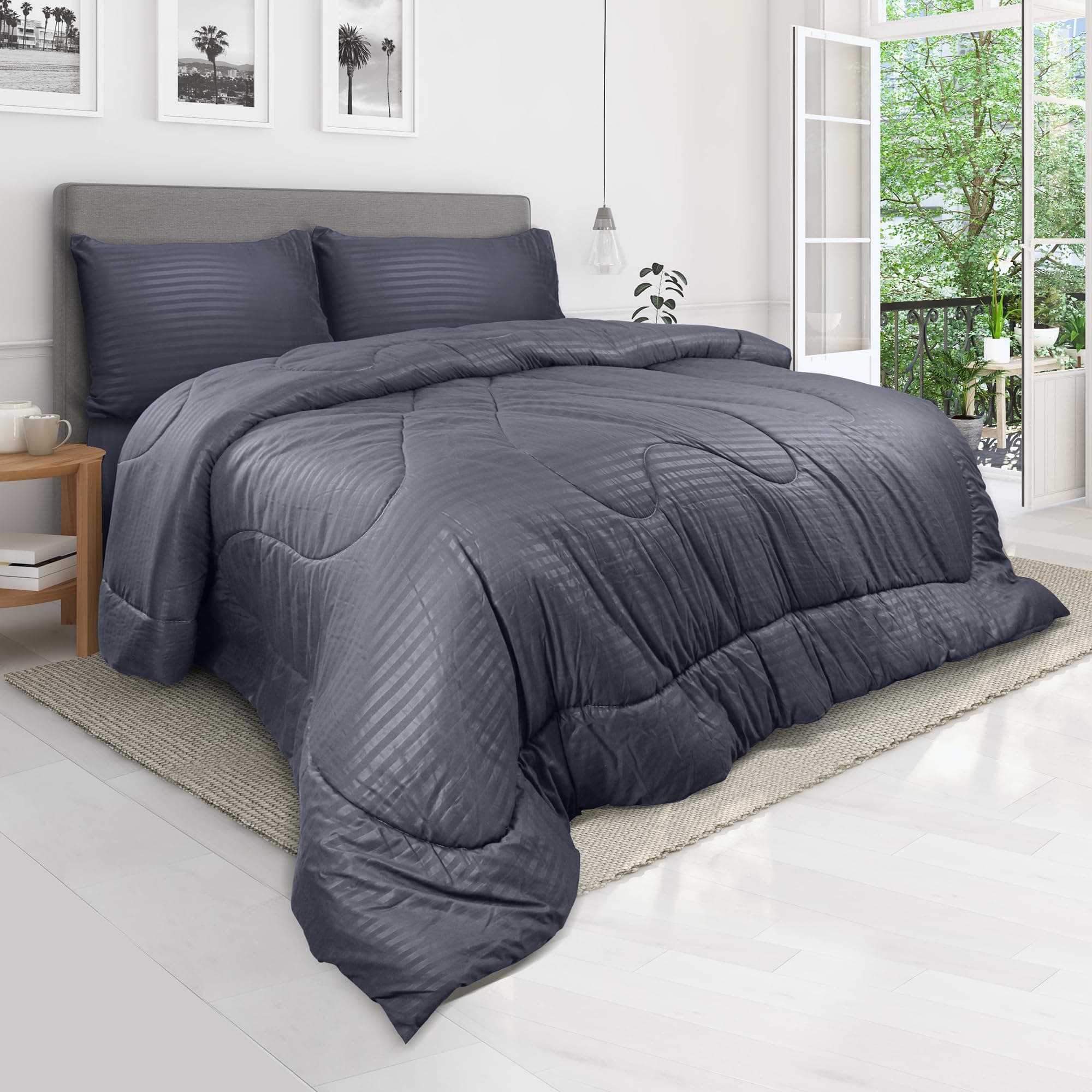 – Hotel Linen Klub Down Alternative Comforter Set -Ultra Soft Brushed Stripe Microfiber Fabric, 200GSM Soft Fibersheet Filling, Size : King 240 x 260cm, Color: Dark Grey