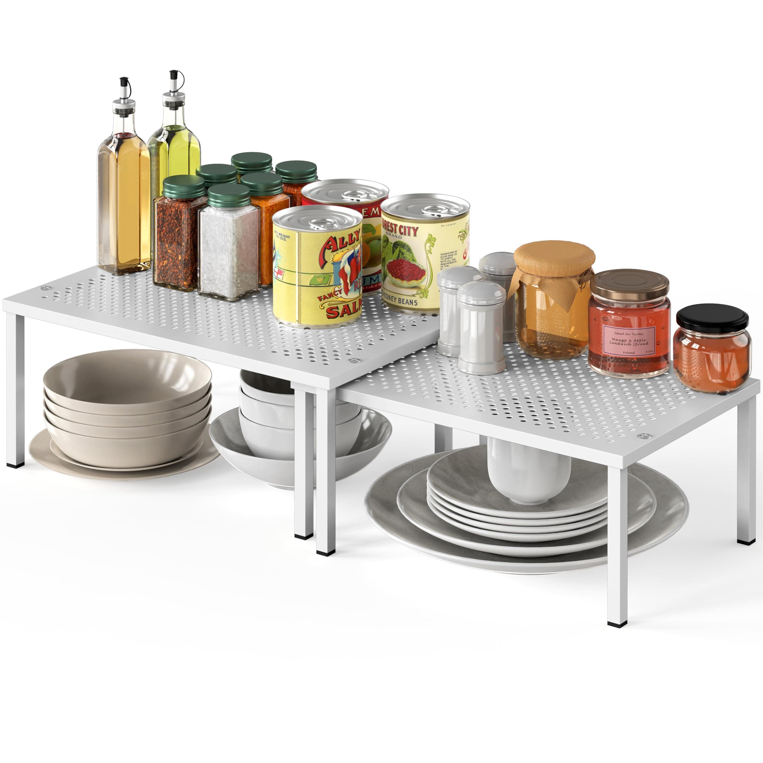 Expandable Stackable Kitchen Counter Shelf Organizer, White, Metal Top, 11.25"L x 7.9"W x 5.4"H