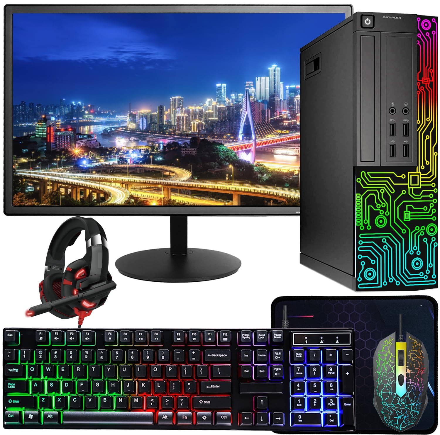 Dell OptiPlex Desktop RGB Computer PC, Intel Core i7 up to 3.8GHz, 16GB RAM, 512GB SSD, 22 Inch HDMI Monitor, RGB Keyboard Mouse, Gaming Headset, WiFi, Bluetooth, Windows 11 Pro (Renewed)