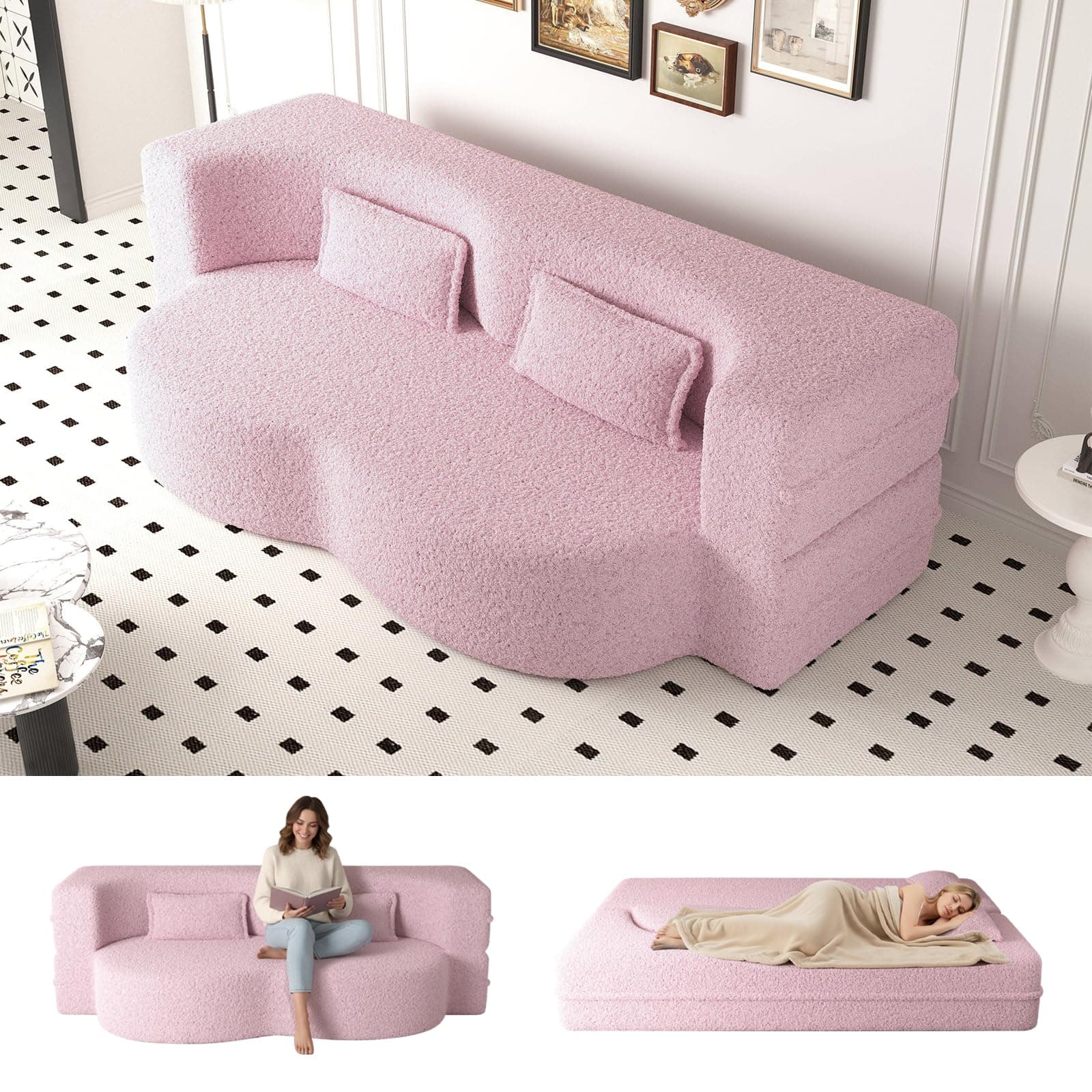 CAPCAEK Folding Sofa Bed,15" Full Size Folding Mattress for Living Room,Convertible Teddy Fabric Foam-Filled Pocket Spring Sleeper Sofa Bed (Pink)
