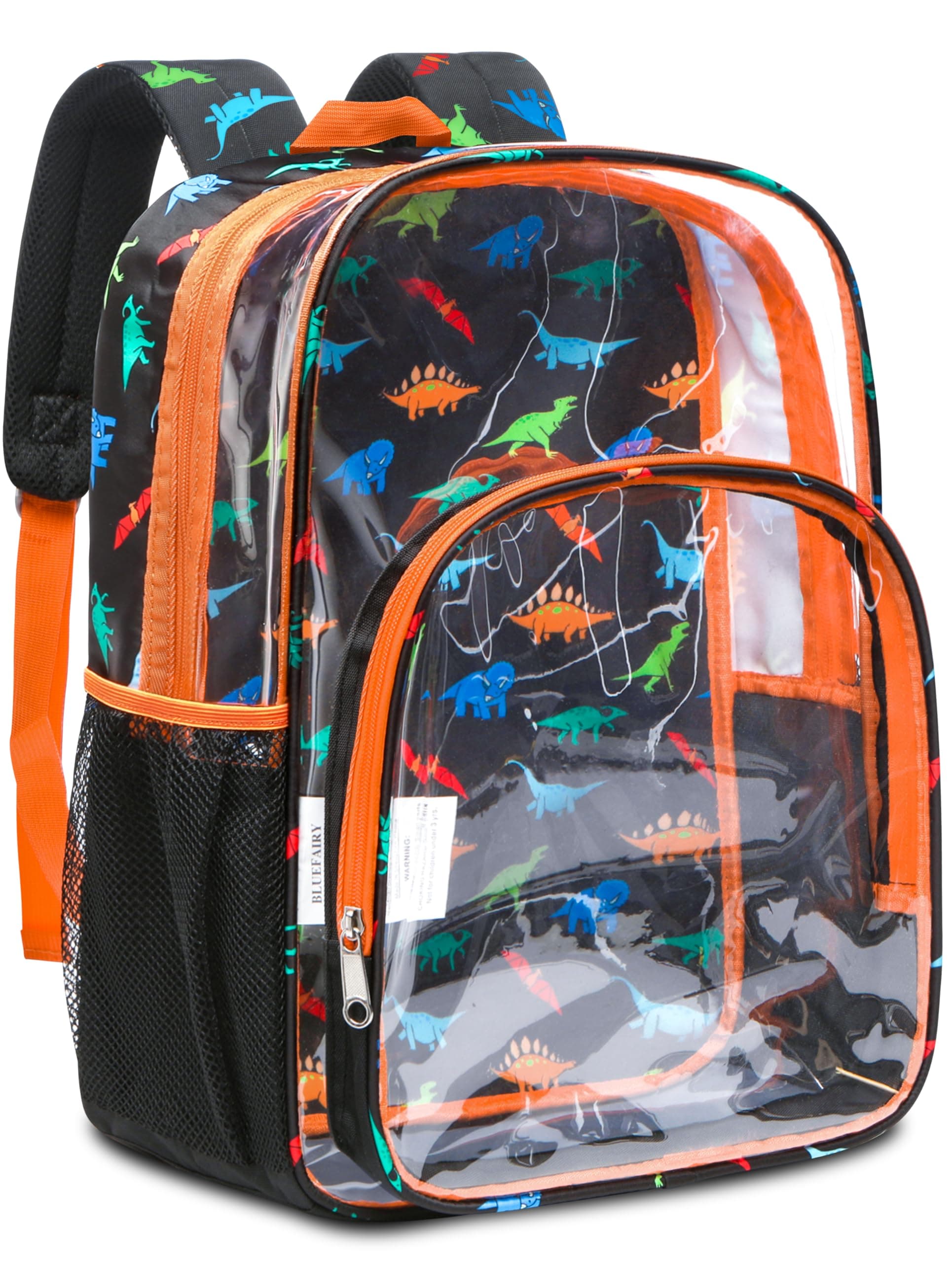 Clear Backpack for Boys Heavy Duty Dinosaur Backpack Large 17" Transparent Bag Stadium Approved See Through Elementary Primary Back to School Bookbag for Kids Black Orange