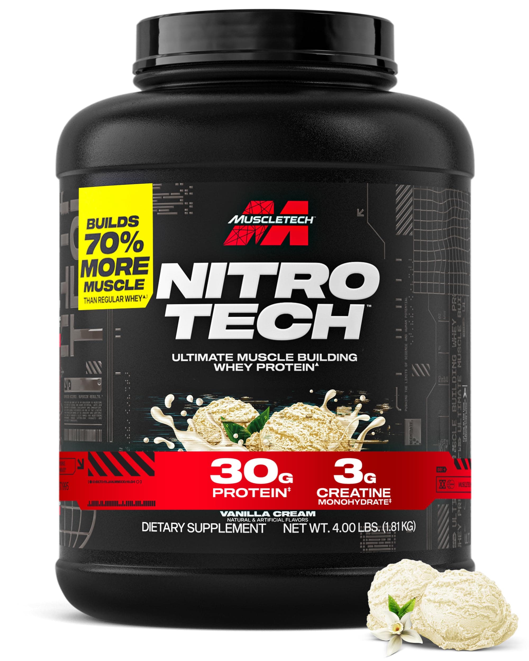 Whey Protein Powder (Vanilla Cream, 4 Pound) - Nitro-Tech Ultimate Muscle Building Formula with Whey Protein Isolate - 30g of Protein, 3g of Creatine & 6.8g of BCAA - Packaging May Vary