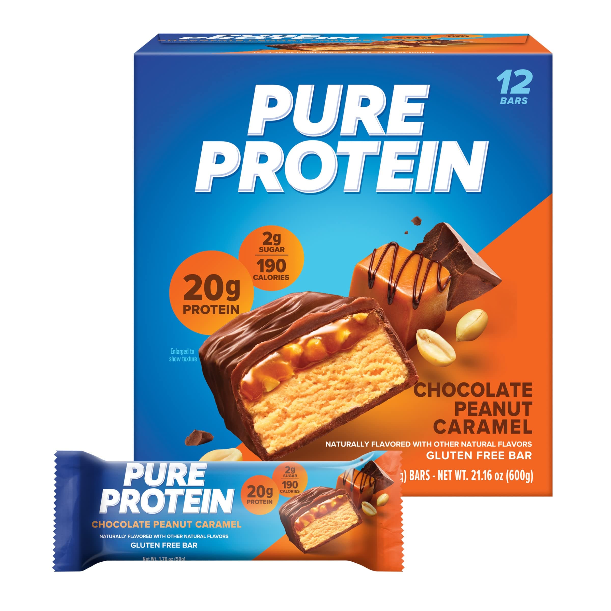 Pure Protein Bars, High Protein, Nutritious Snacks to Support Energy, Low Sugar, Gluten, Chocolate Peanut Caramel, 1.76oz, 12 Pack