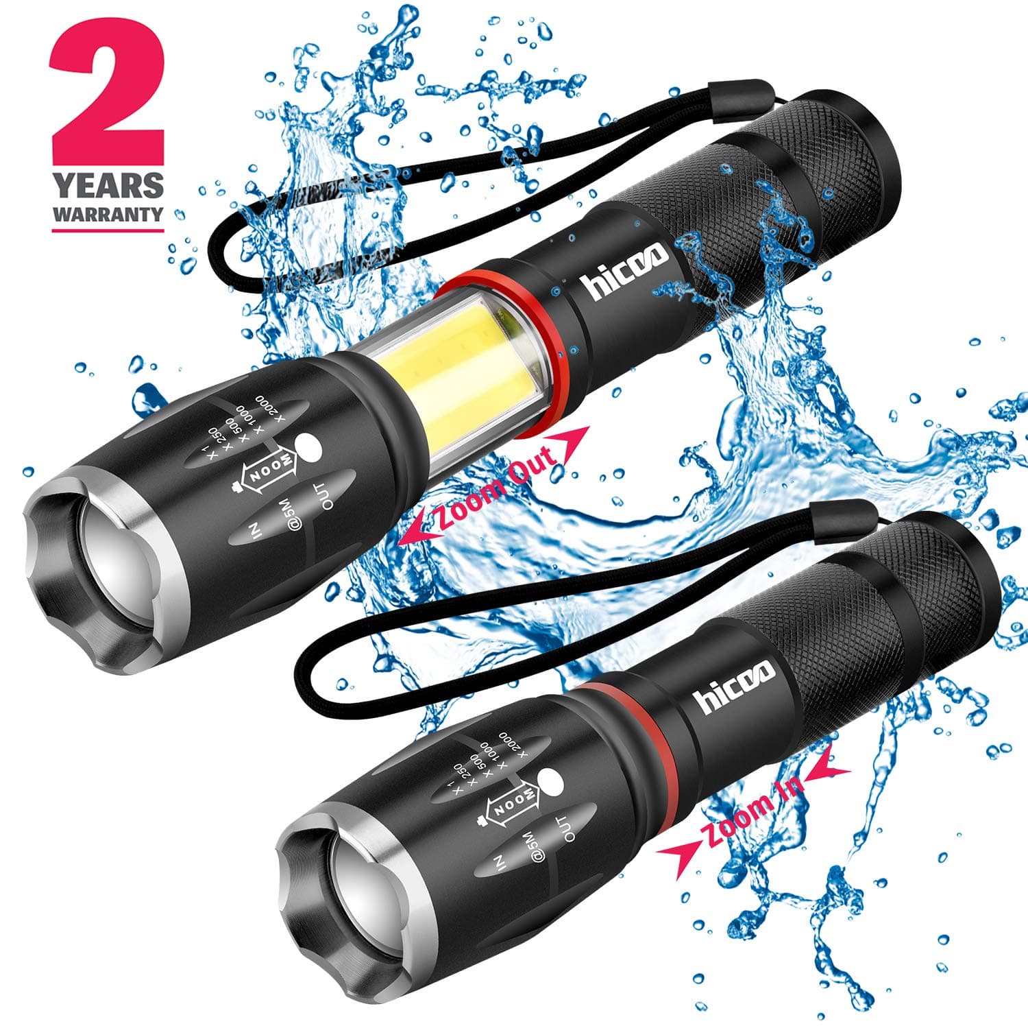 Hicoo 2 Pack Tictical Flashlights -Led Flashlight High Lumens - Zoomable Waterproof 6 Modes COB Work Light -T6 Super Bright - 18650 or AAA Battery - As Seen On Tv