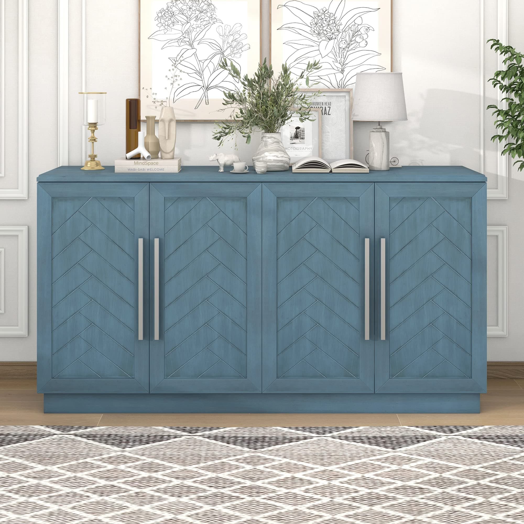 Storage Cabinet, Sideboard with 4 Doors Large Storage Space Buffet Cabinet with Adjustable Shelves and Silver Handles for Kitchen/Dining Room/Living Room, Antique Blue