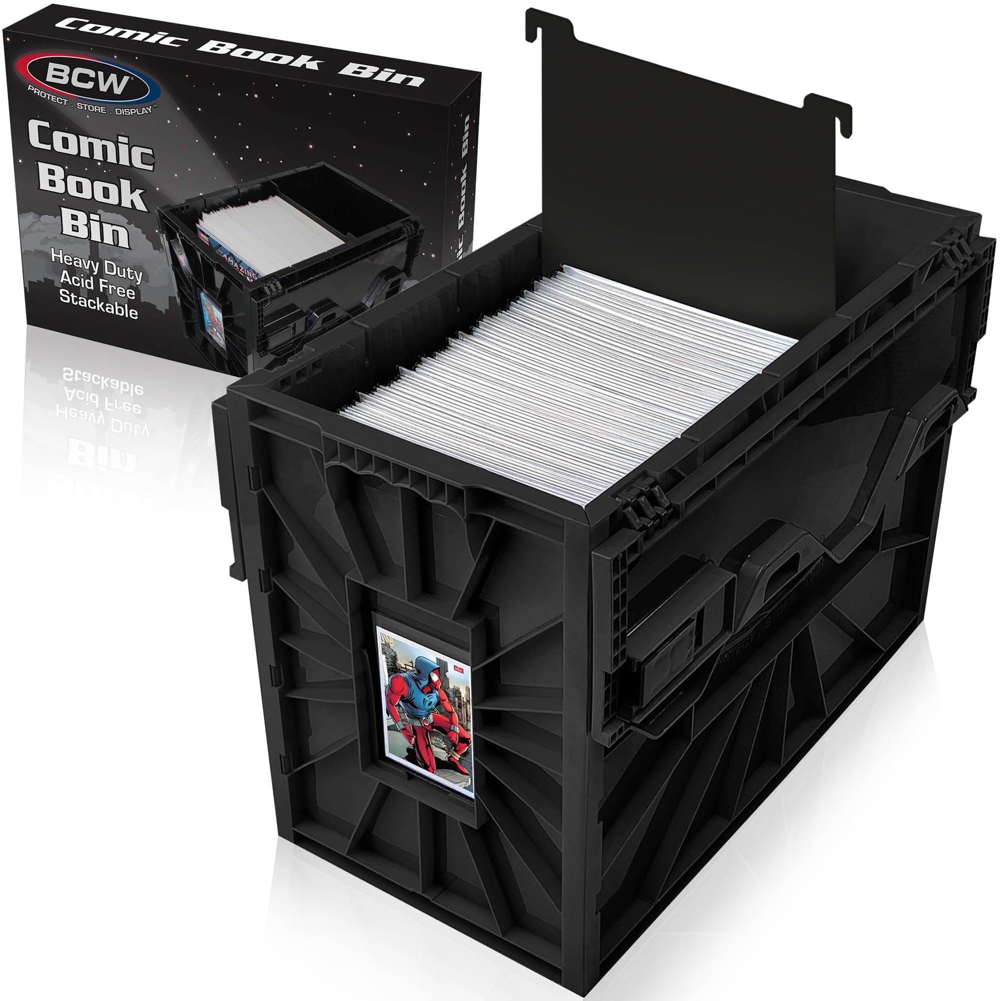 BCW Comic Bin, Black - Holds 150 Comics, Acid Free Storage and Organizer, Heavy Duty Plastic, Stackable, Includes Partition