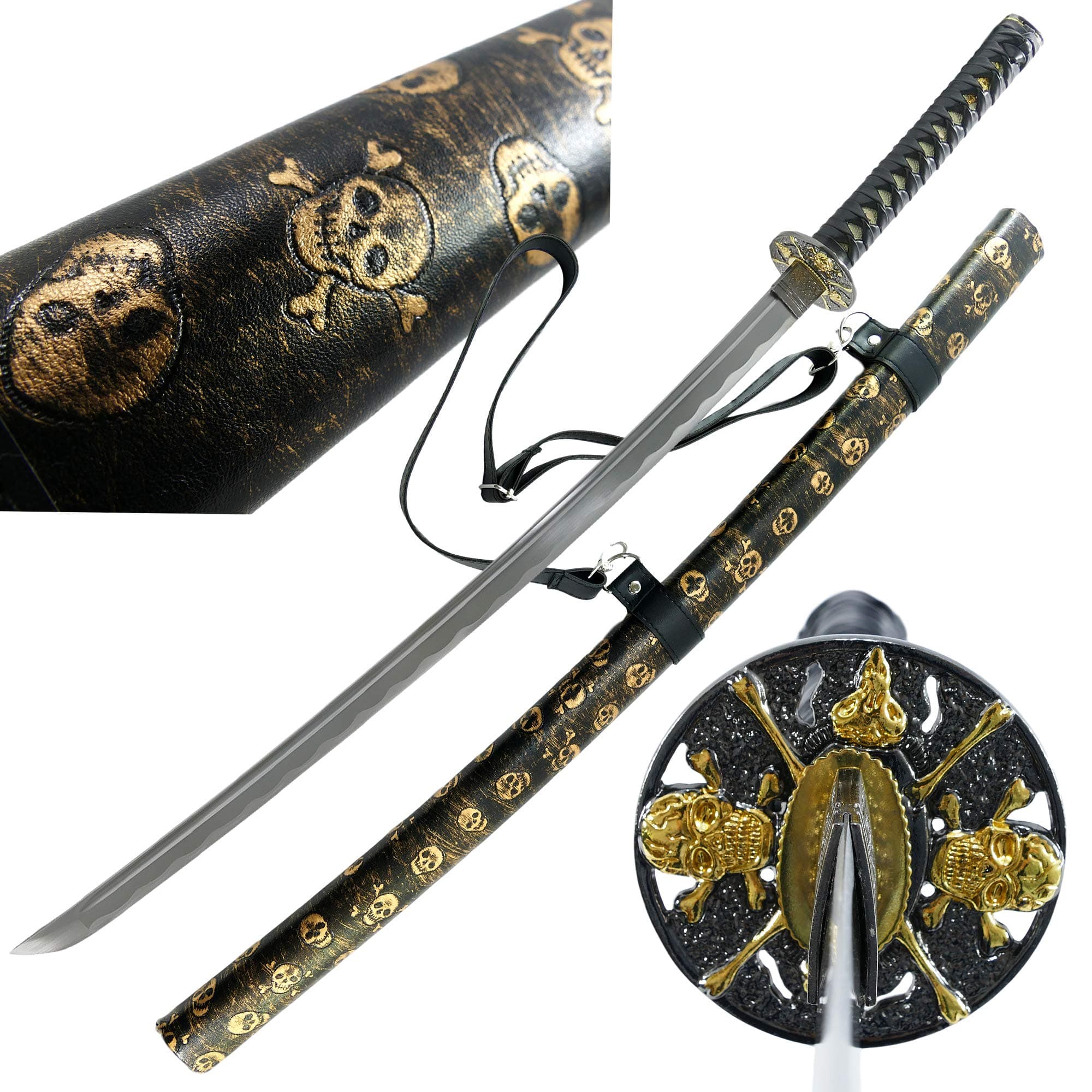 MAKOTO Handmade Gold Skull Black Sharp Katana Samurai Sword 40", Golden Embossed Leatherette Wrapped Scabbard, Shoulder Straps