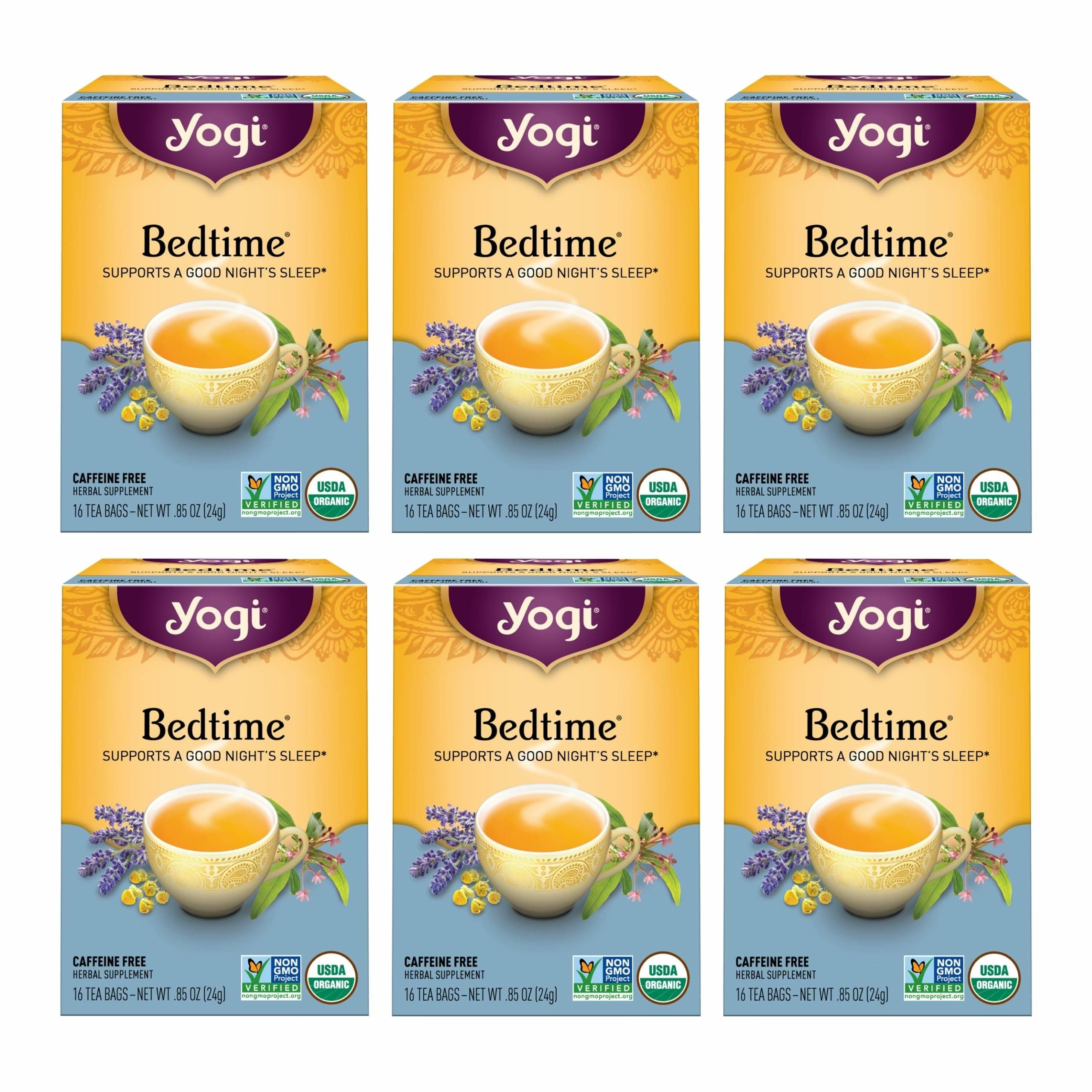 Yogi Tea - Bedtime (6 Pack) - Supports a Good Night’s Sleep - Tea with Passionflower, Chamomile, Valerian Root, and Lavender - 96 Organic Herbal Tea Bags