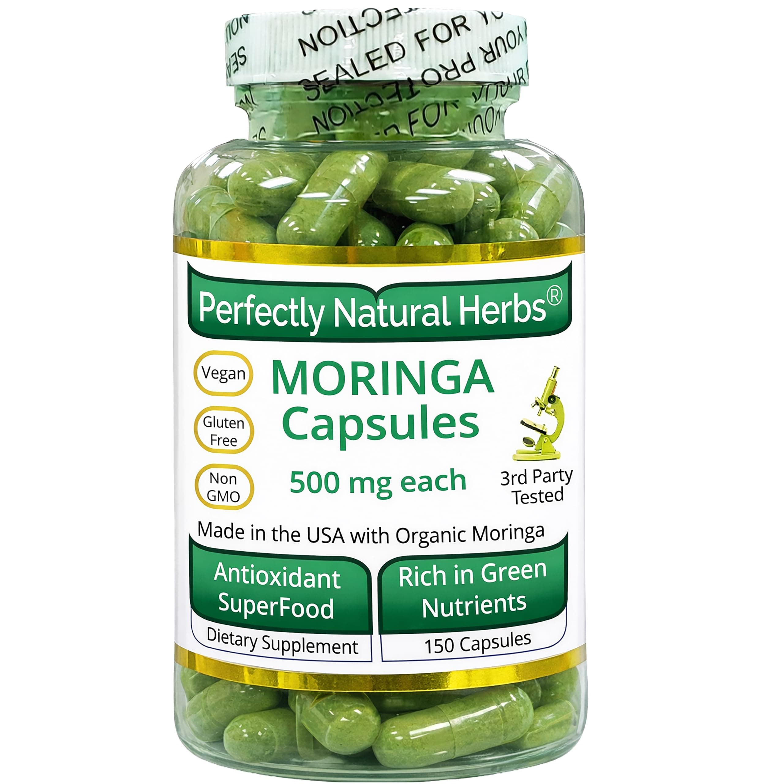 150 Moringa Capsules Made With USDA Certified Organic Moringa Leaf Powder, Net Weight of 500mg per Capsule
