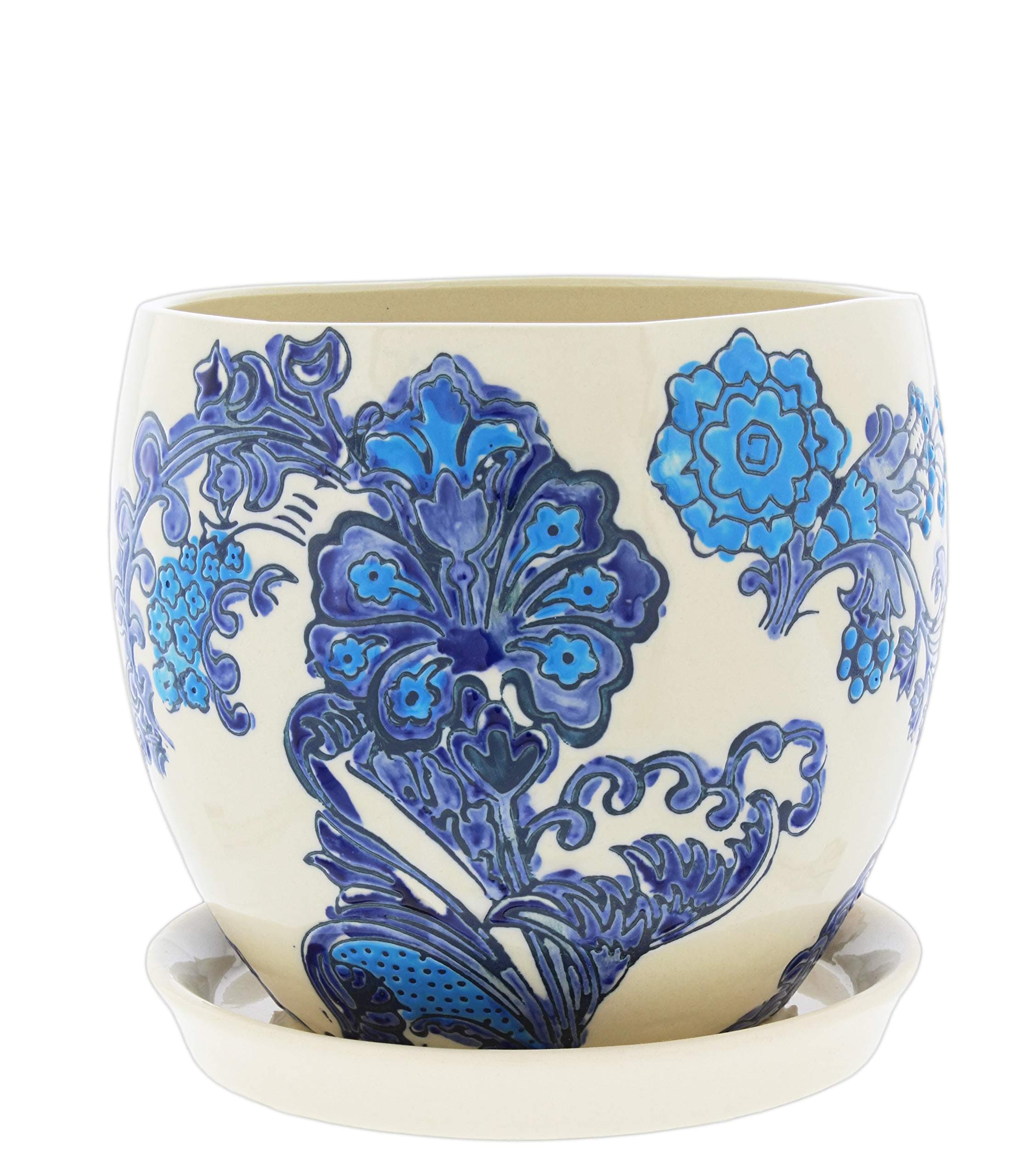 Ceramic Planter with Floral Delft Pattern and Attached Saucer, 5"