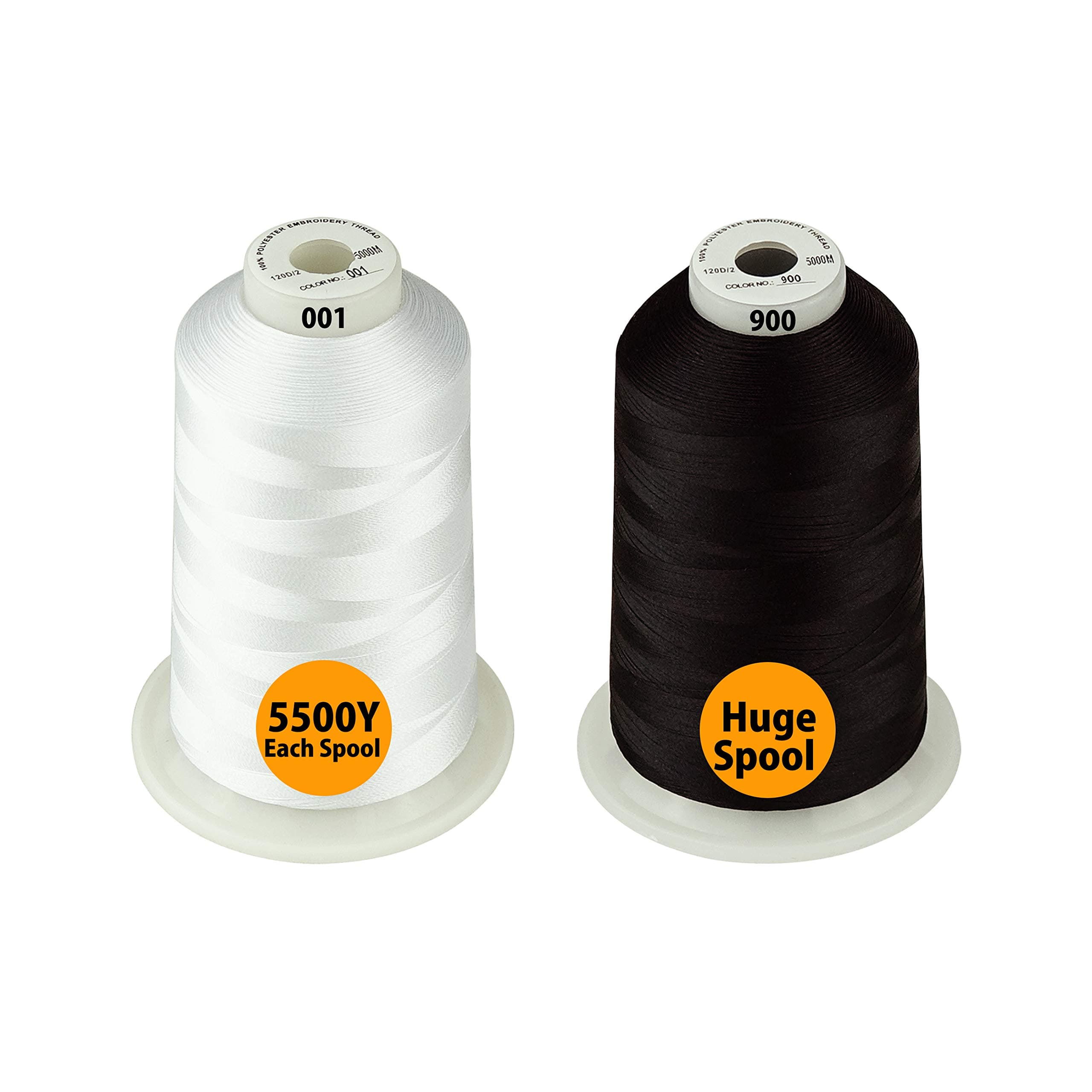 Simthread All Purpose Polyester Embroidery Machine Thread Huge Spool 5000M 5500Y for Sewing Embroidery Machines - 1White+1Black