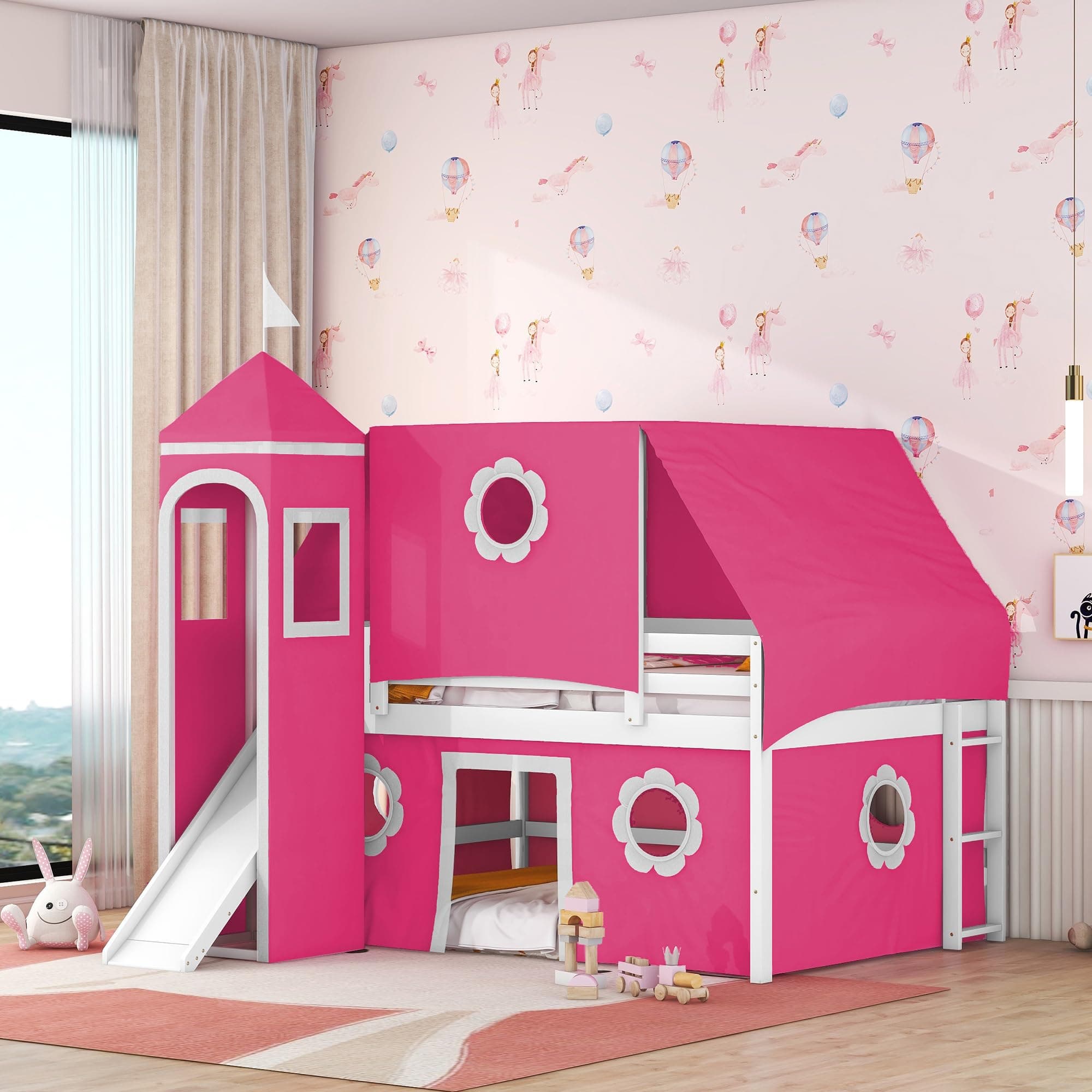Merax Full Over Full Bunk Bed Frame with Slide Pink Tent and Tower,Castle Shape Wood Bunk for Boys and Girls,Pink