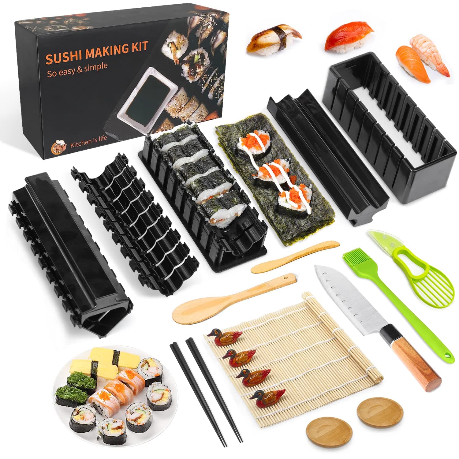 Sushi Maker Kit, 20 pcs DIY Complete Sushi Kit for Beginners with Sushi Mat, Chopsticks, Avocado Slicer, Paddle, Spreader, Sushi Knife, Chopstick Holder, Sauce Dishes, Brush.