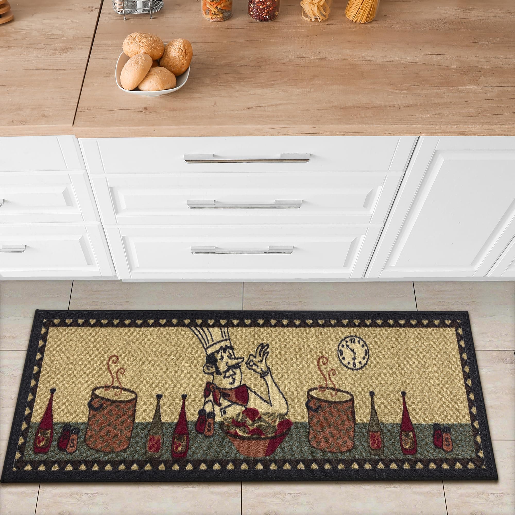 Ottomanson Siesta Collection Kitchen Chef Design Rubberback Runner Rug, 50 cm x 150 cm, Beige ChefOEKO-TEX STANDARD 100