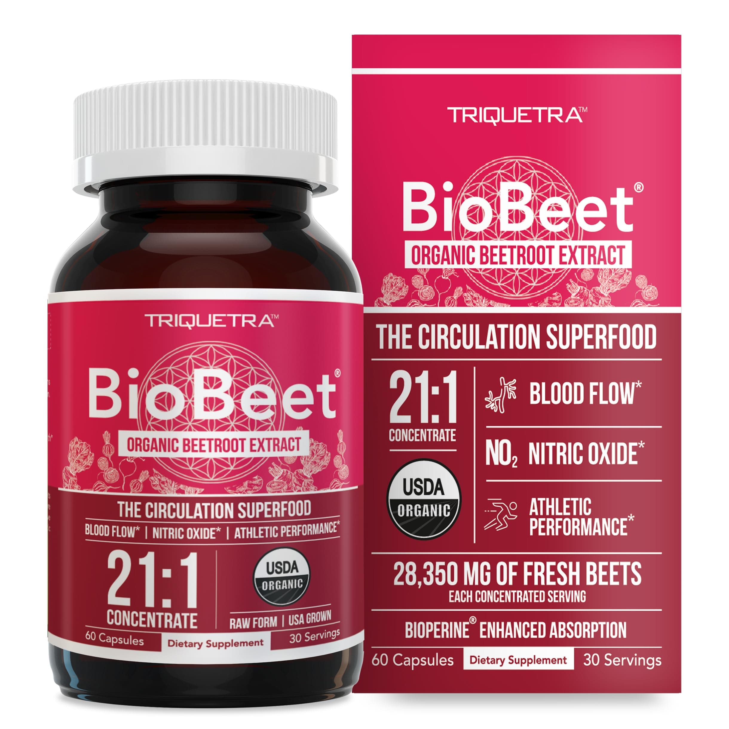 BioBeet® Max Strength Beet Root Capsules - 21:1 Concentrate, Each Serving Derived from 28,350 mg Organic Beetroot - Absorption Enhancement with BioPerine® Black Pepper Extract (60 Capsules)