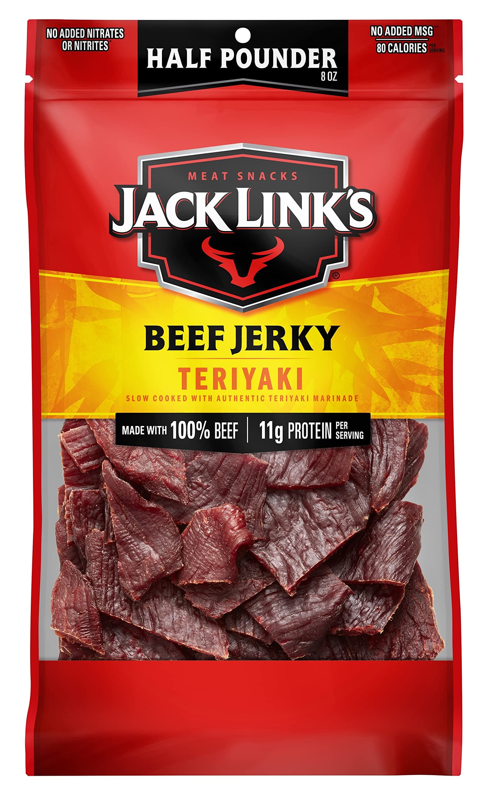Jack Link's Beef Jerky, Teriyaki, Half Pounder Large Jerky Bag - Flavorful Meat Snack, Ready to Eat Protein Snacks with 11g of Protein per Serving, Made with 100% Beef