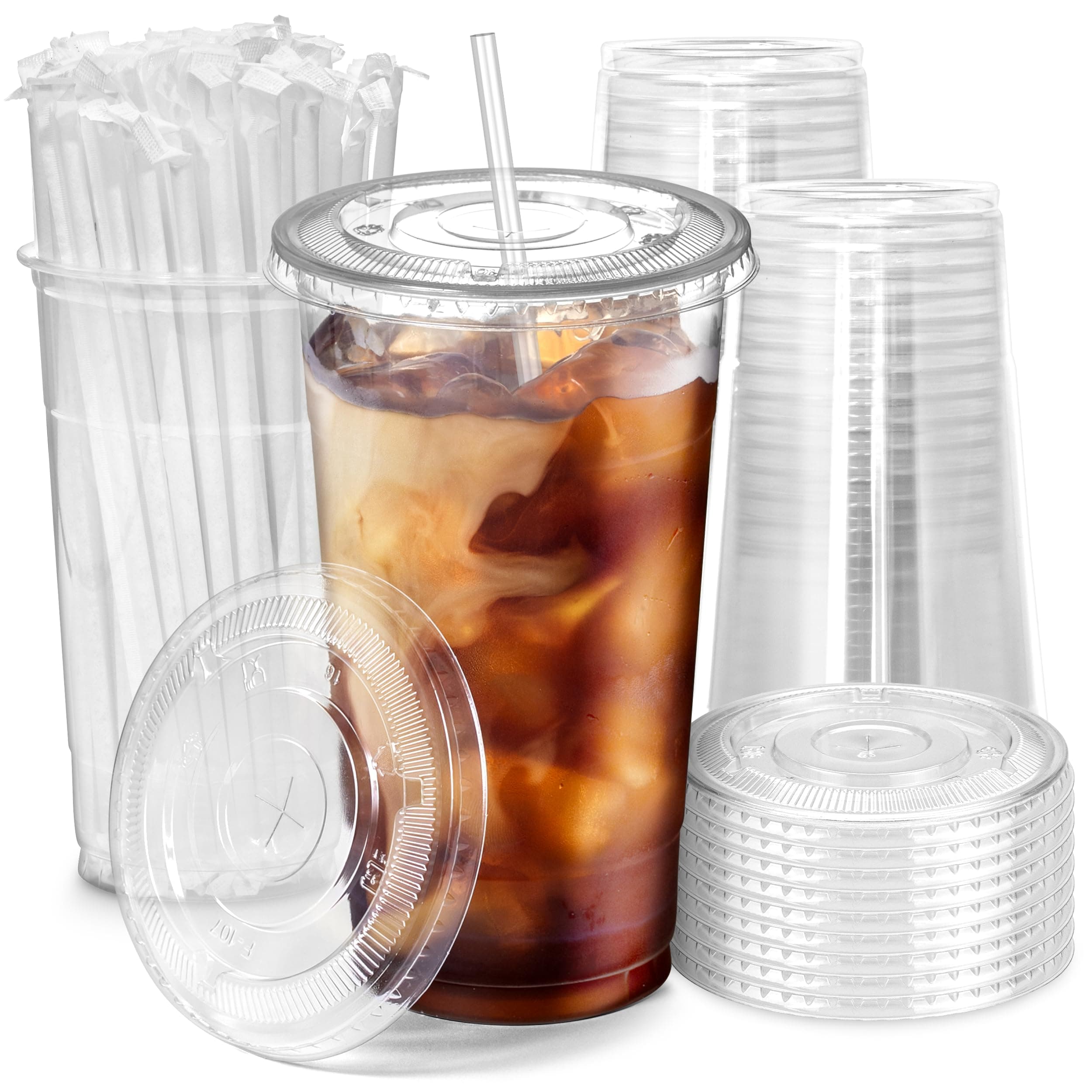 Fit Meal Prep 100 Pack 32 oz Plastic Iced Coffee Cups with Flat Lids and Clear Straws, Disposable Clear Cup, BPA Free Cup for Party, Smoothie, Cold Drinks, Juice, Milkshake, Bubble Boba, Tea