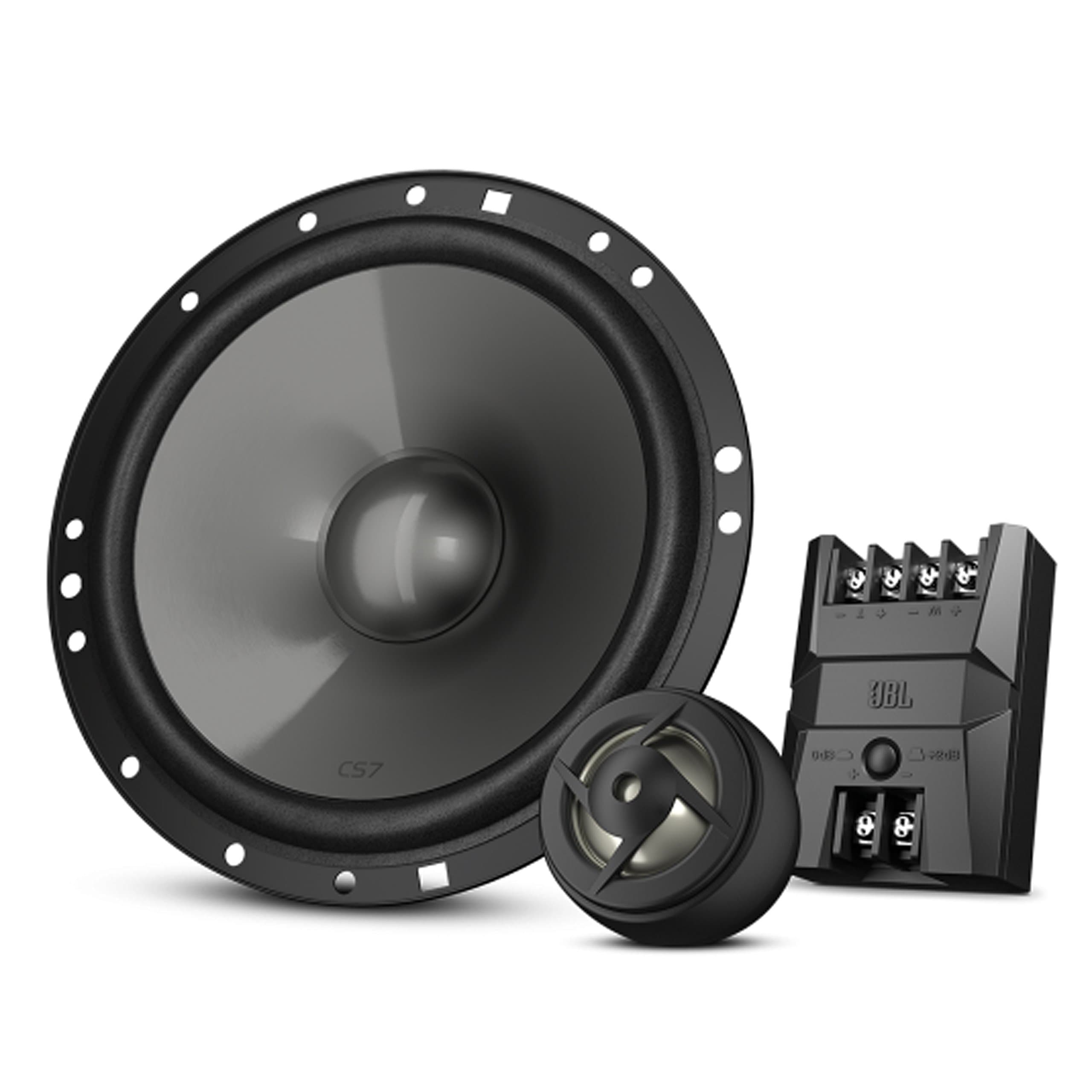 JBL Car CS7 Series 6-1/2 Inch Component In-Car Audio Coaxial Loudspeaker System Including x2 Midrange Speakers, x2 Midrange Grilles and x2 Tweeters - Black