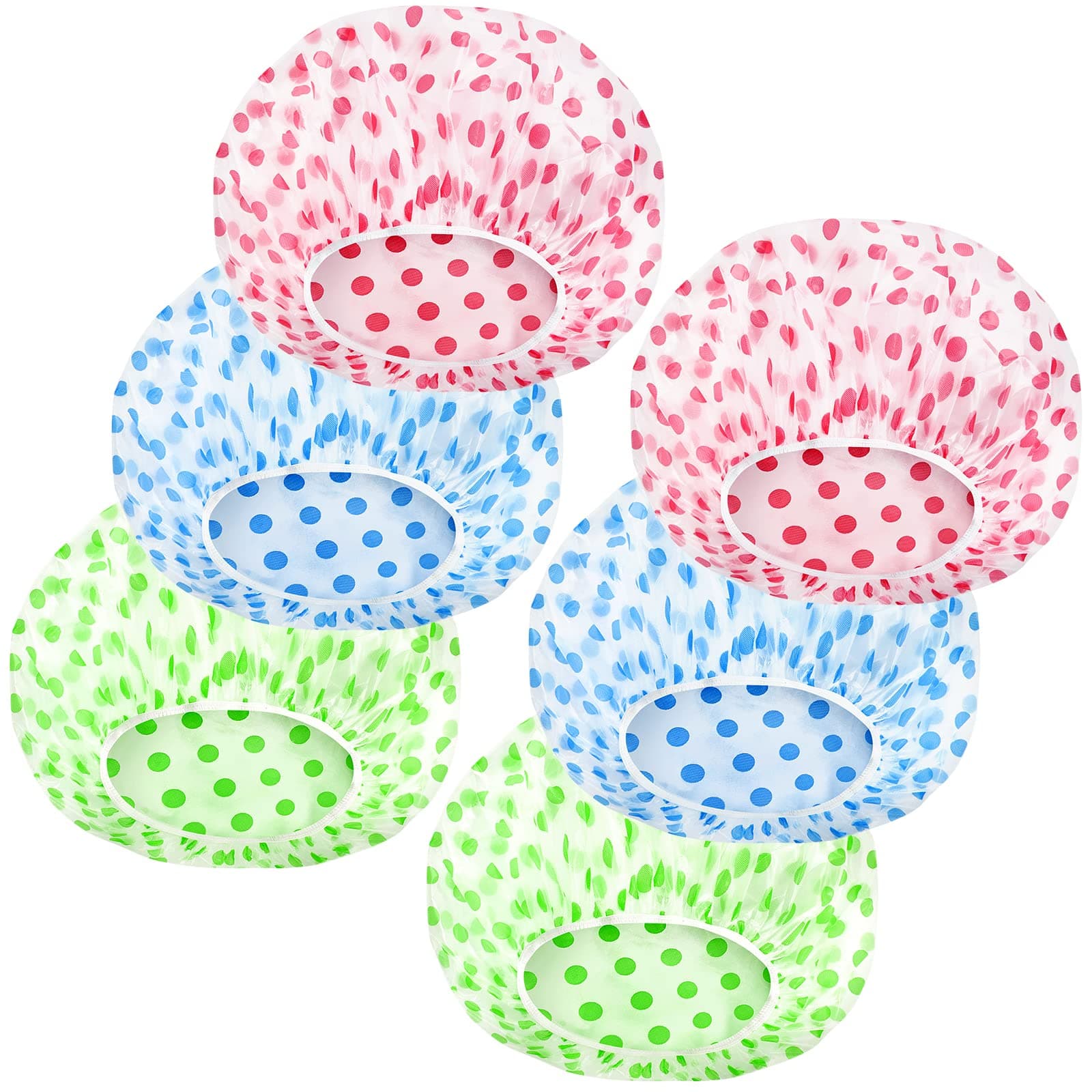 Shower Cap, Reusable Shower Hat Bath Caps, Waterproof with Elastic Band Hair Hat for Men Women Ladies Spa Salon, Coloful Dotted, 6 Packs