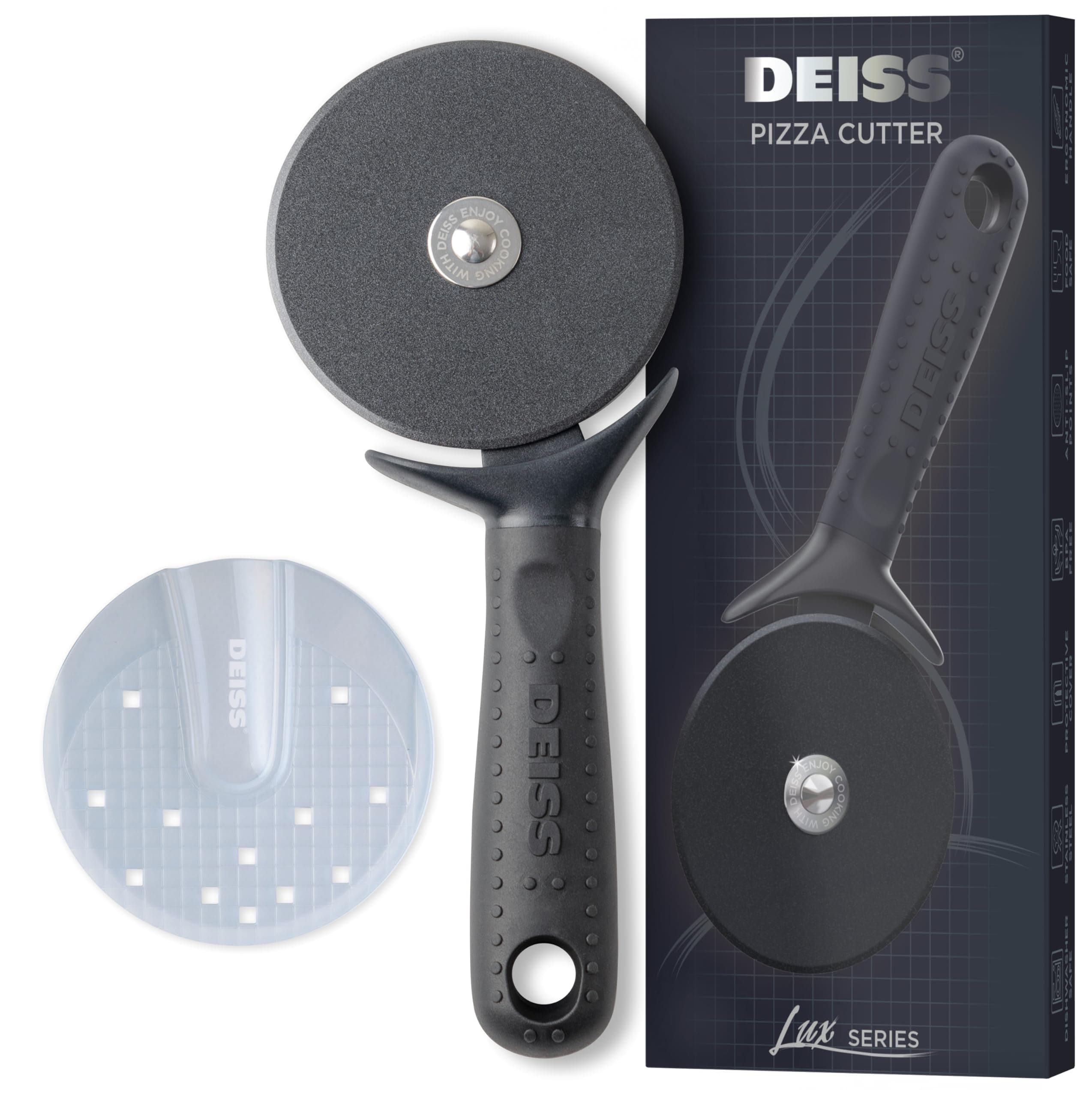 Deiss lux Pizza Cutter Wheel, Sharp Stainless Steel Blade, Rust Resistant, Comfort Handle, Thumb Guard Protection, Slice Thick or Thin Pizzas, Pie Crust, Pastries in Seconds