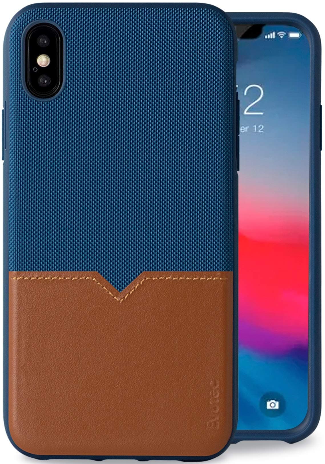 Evutec Compatible with iPhone Xs Max Unique Heavy Duty Case Premium Leather + TPU Shockproof Interior Drop Protective Phone Cover Blue/Saddle (Free Vent Mount)