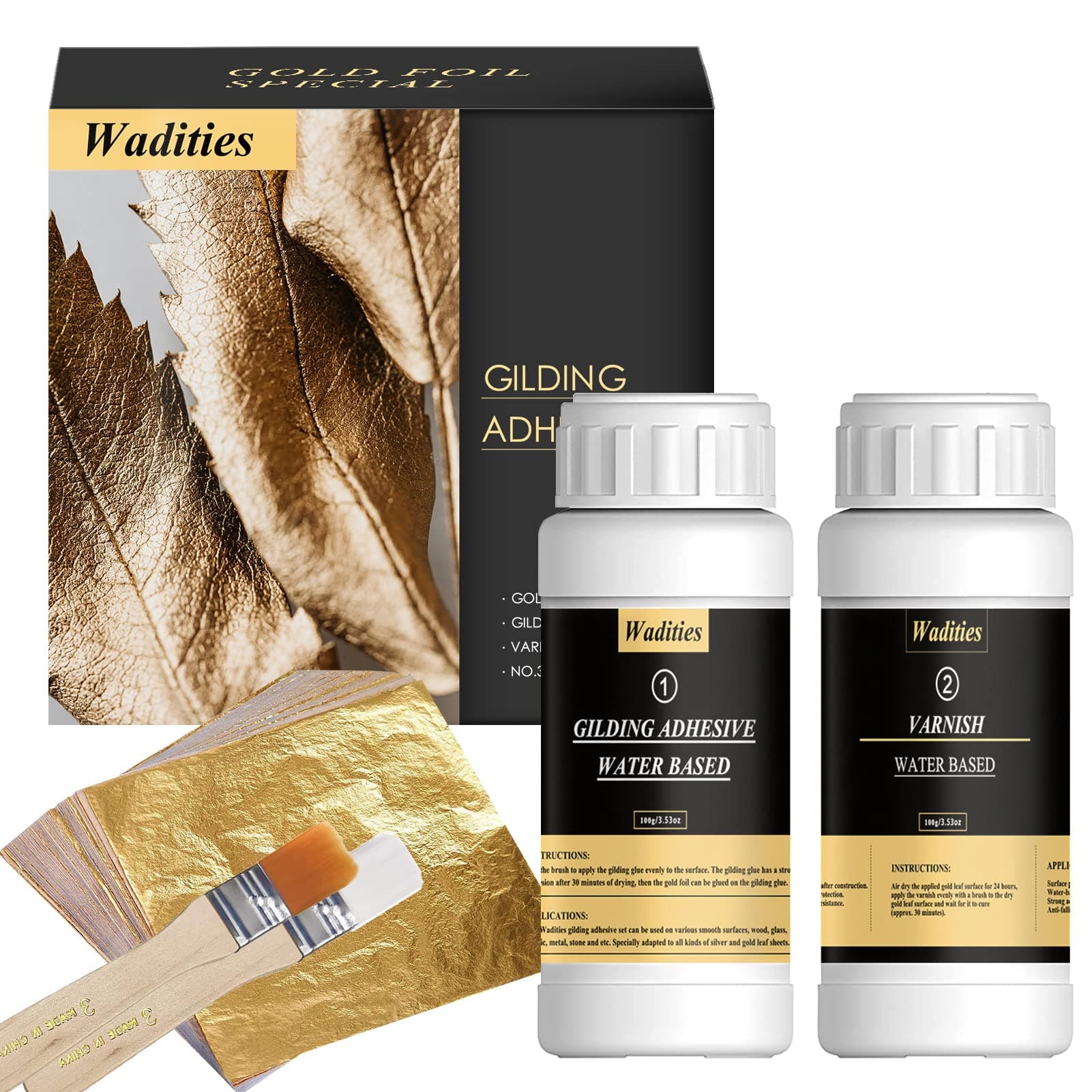 Wadities Gold Leaf Gilding Adhesive Set, 100ml Water Based Glue and 100ml Varnish, Gold Leaf Sheets 100 pcs, 2 Brushes, for Craft, Painting and Arts