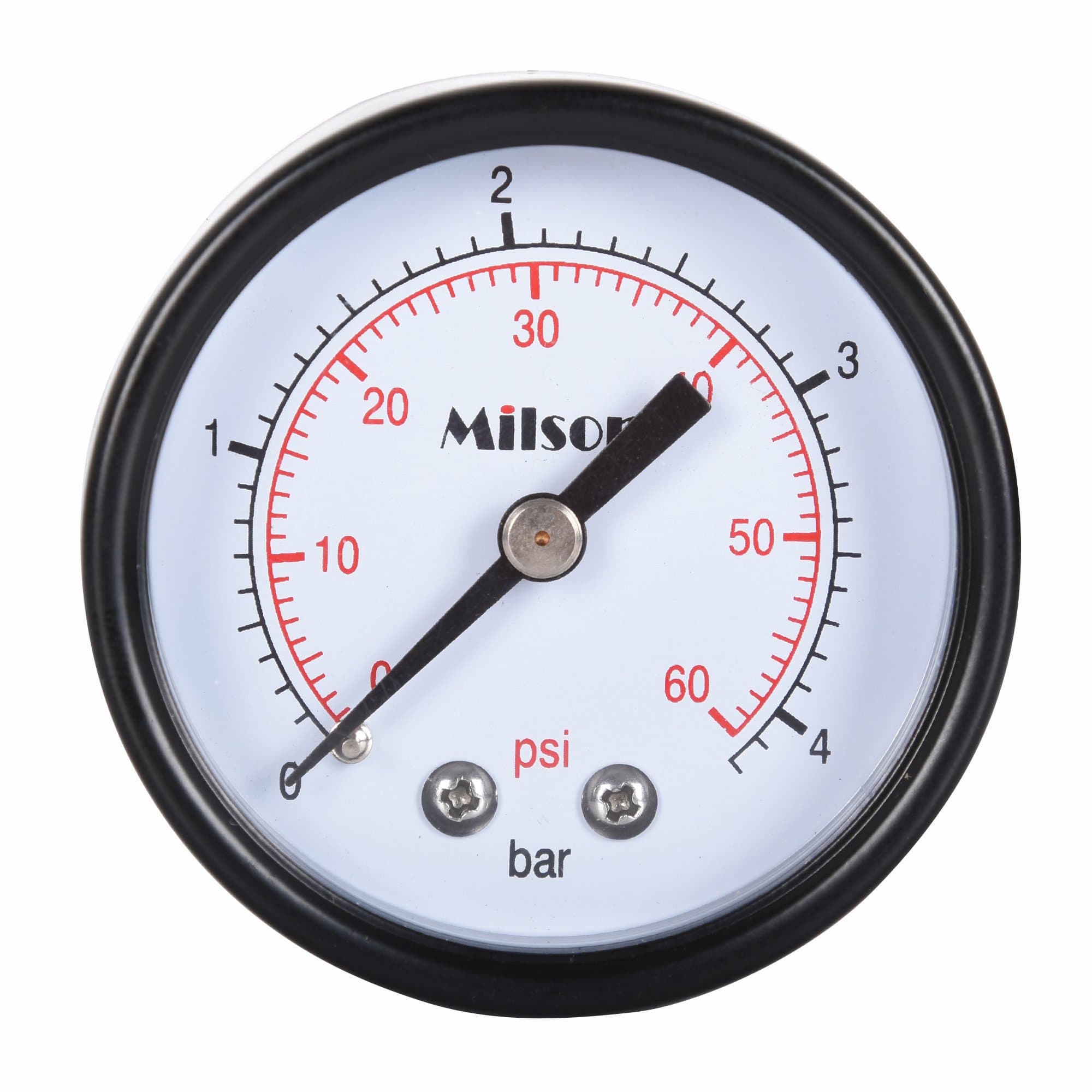 Milson Pressure Gauge, 2" Black Steel Case, Back Mount, 1/4"NPT, 0+60 Psi/Bar, Accuracy: +/-2.0, Brass Internal, Multiple Function