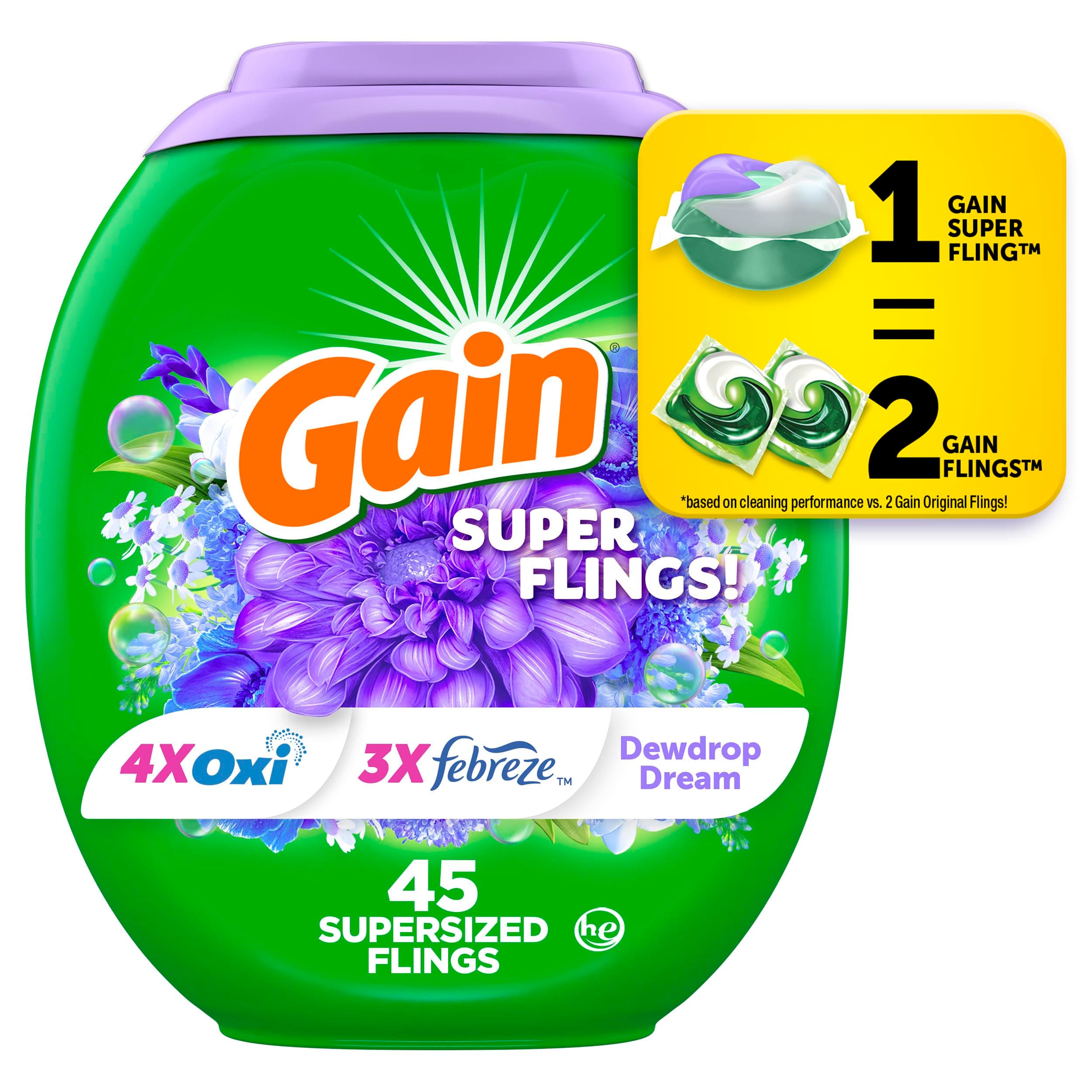 Super Flings Laundry Detergent Pacs, 45 Count, Dewdrop Dream scent, clean and fresh washing detergent laundry soap pacs