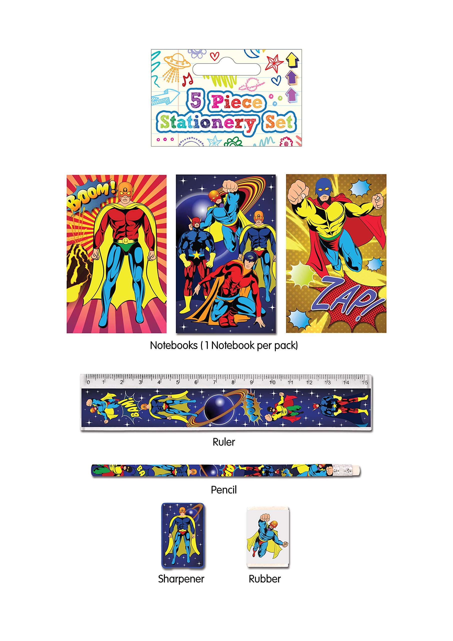 5 Piece Stationery Set - Pencil, Sharpener, Rubber, Ruler, Notepad (Superhero)