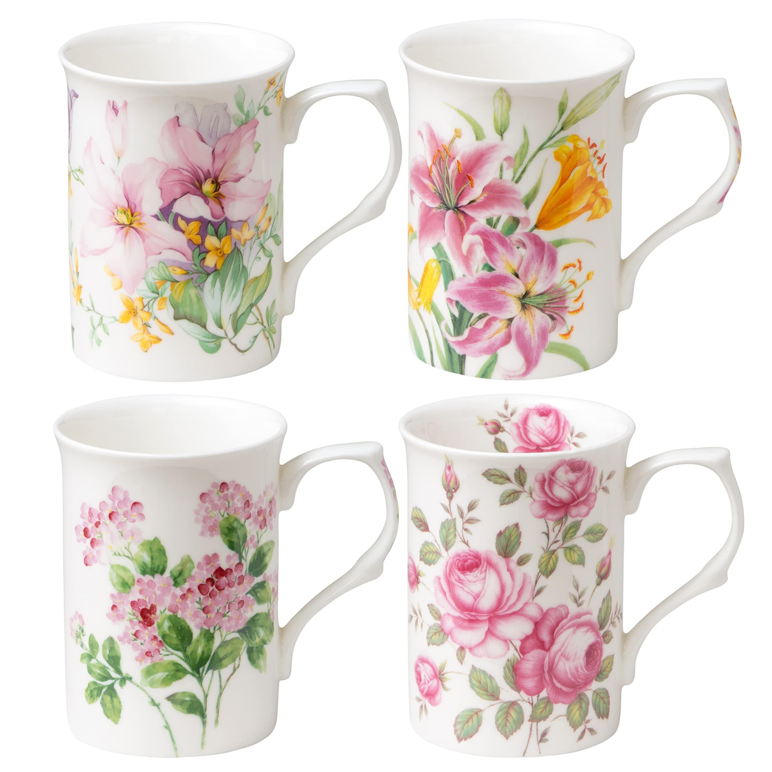 Bone China Coffee Tea Mugs 9-Ounce, Assorted Set of 4 (Spring Floral)