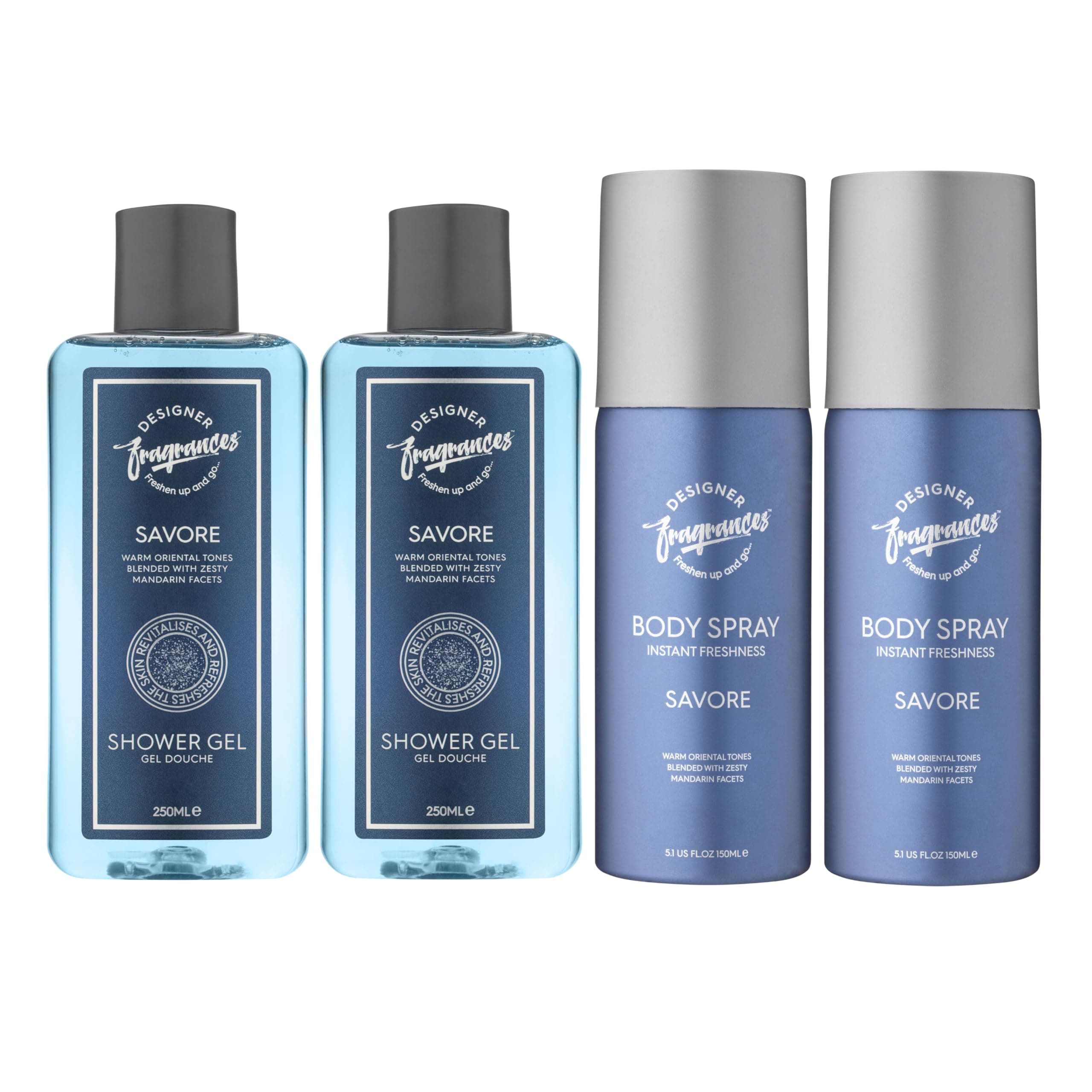Designer Fragrances Savore Men's Bundle - Each Package Includes 2 x 150ml Body Spray Deodorant Cans - 2 x 250ml Shower Gels - For Instant Freshness - Long Lasting Smell - Great Male Gift Sets