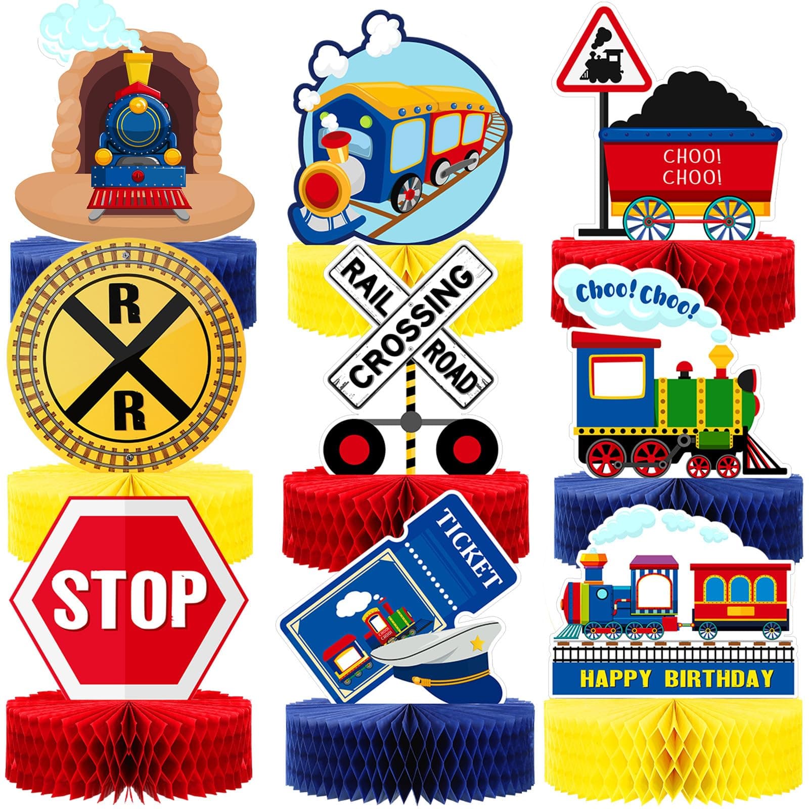 Spakon 9 Pcs Train Party Decorations Railroad Train Crossing Table Decorations Railway Honeycomb Centerpiece for Kids' Birthday and Baby Shower Railroad Crossing Sign Table Toppers Photo Booth Prop