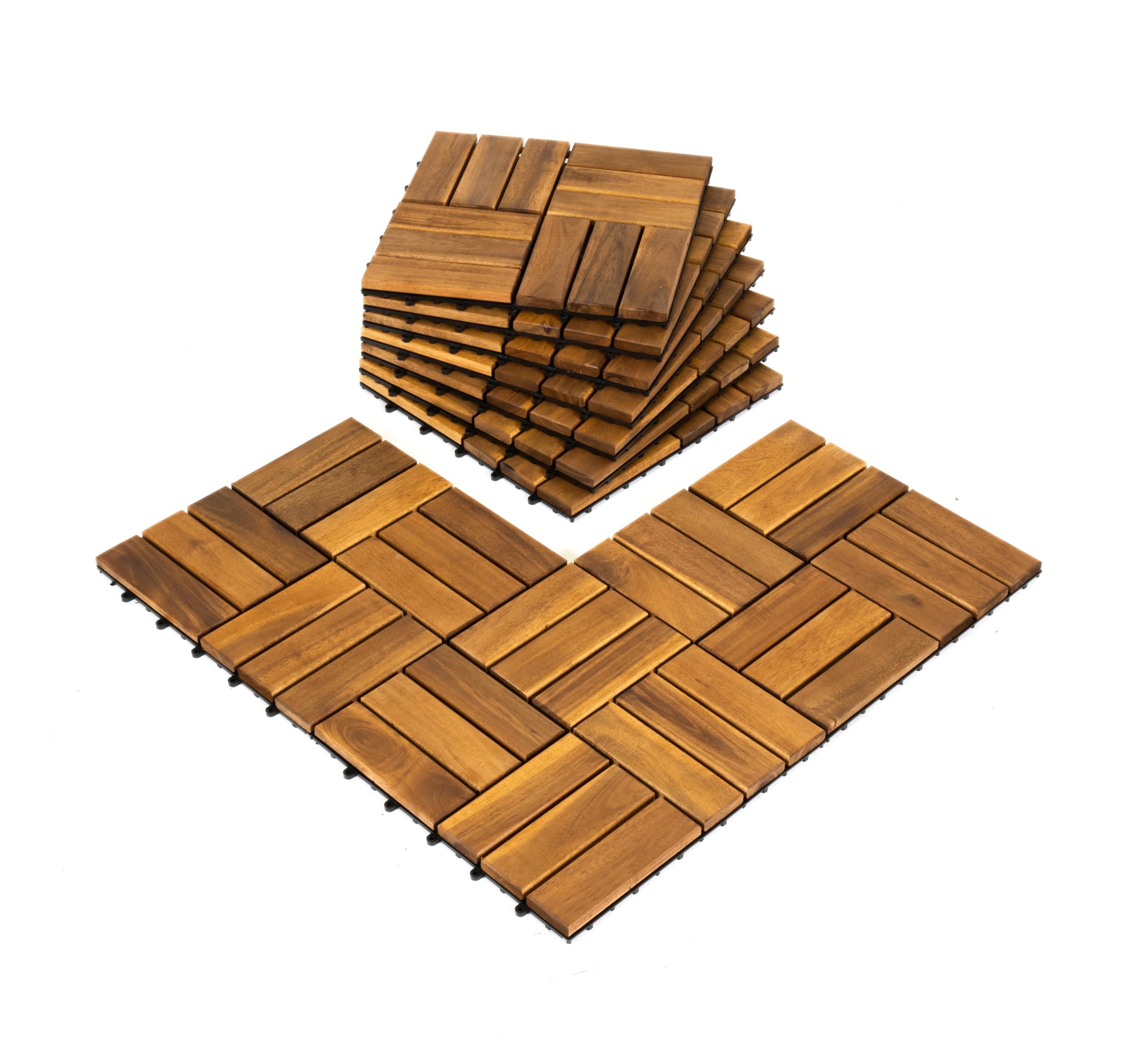 Pack of 10 Deck Tiles - 12"x12" Interlocking Natural Solid Acacia Wood for Outdoor & Indoor, Patio Garden, Balcony, Poolside - Natural Color