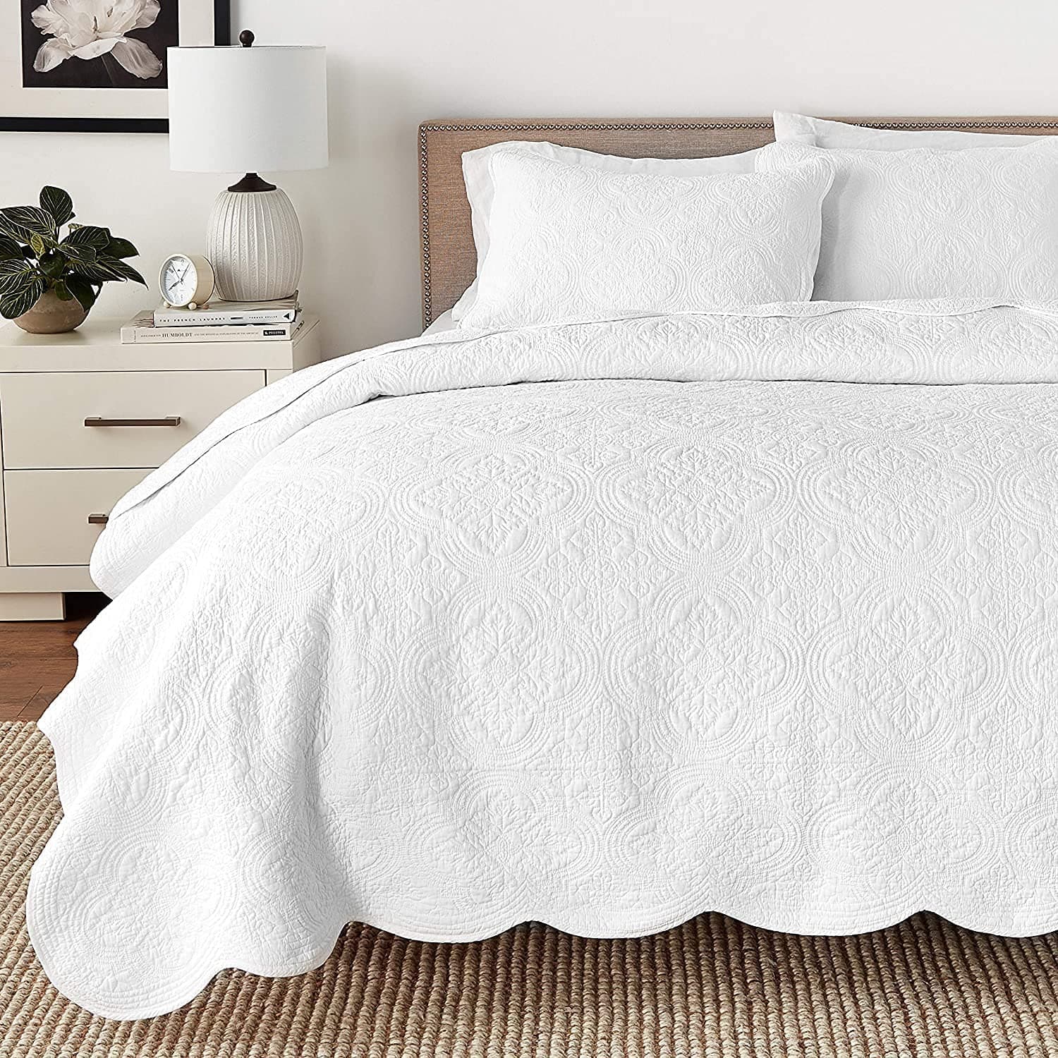 Cozy Line Home Fashions 100% Cotton Victorian Medallion Solid White Matelasse Embossed Bedding Quilt Set, Reversible Lightweight Bedspread, Coverlet for All Season (Oversized Queen - 3 piece)