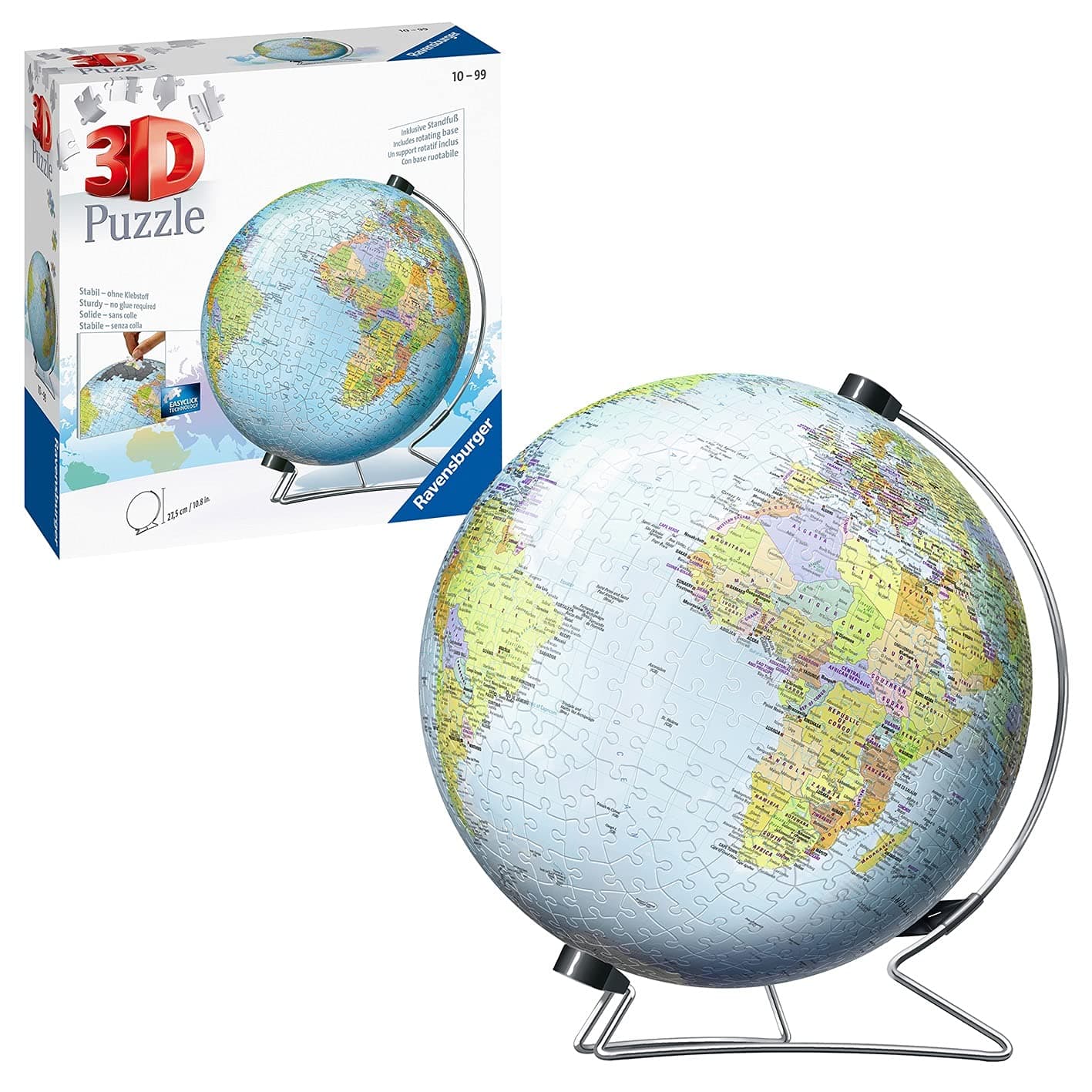 Ravensburger 3D World Globe Puzzle on V‑Stand - 540 Piece Jigsaw for Adults and Kids Ages 10 Years and Up - Sturdy Plastic Pieces, No Glue Required