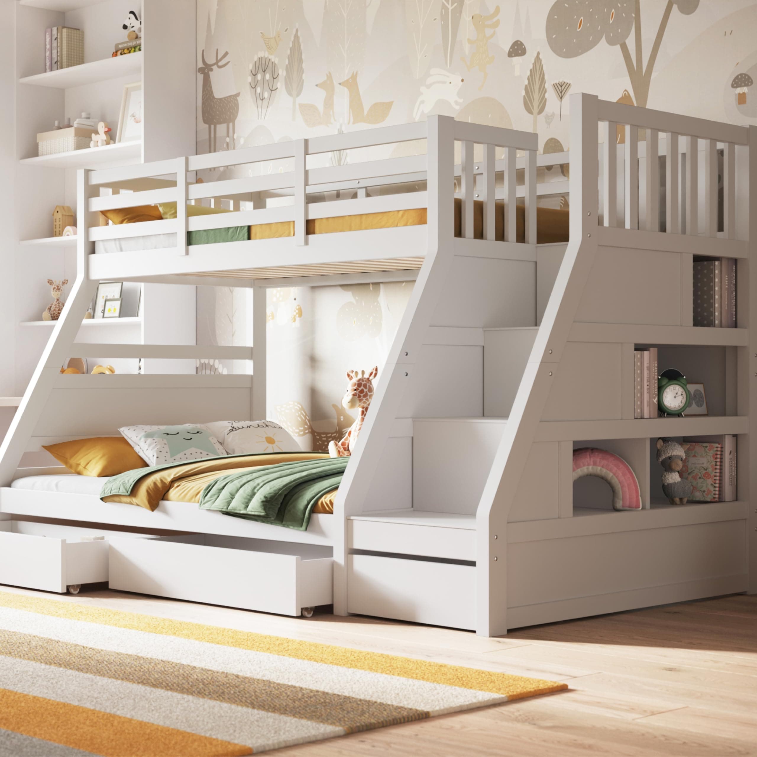 Triple Bunk Beds for Kids, Bunk Bed with Storage, Heavy Duty and Sturdy, Cosy, Stylish, Space-Saving Design (White)