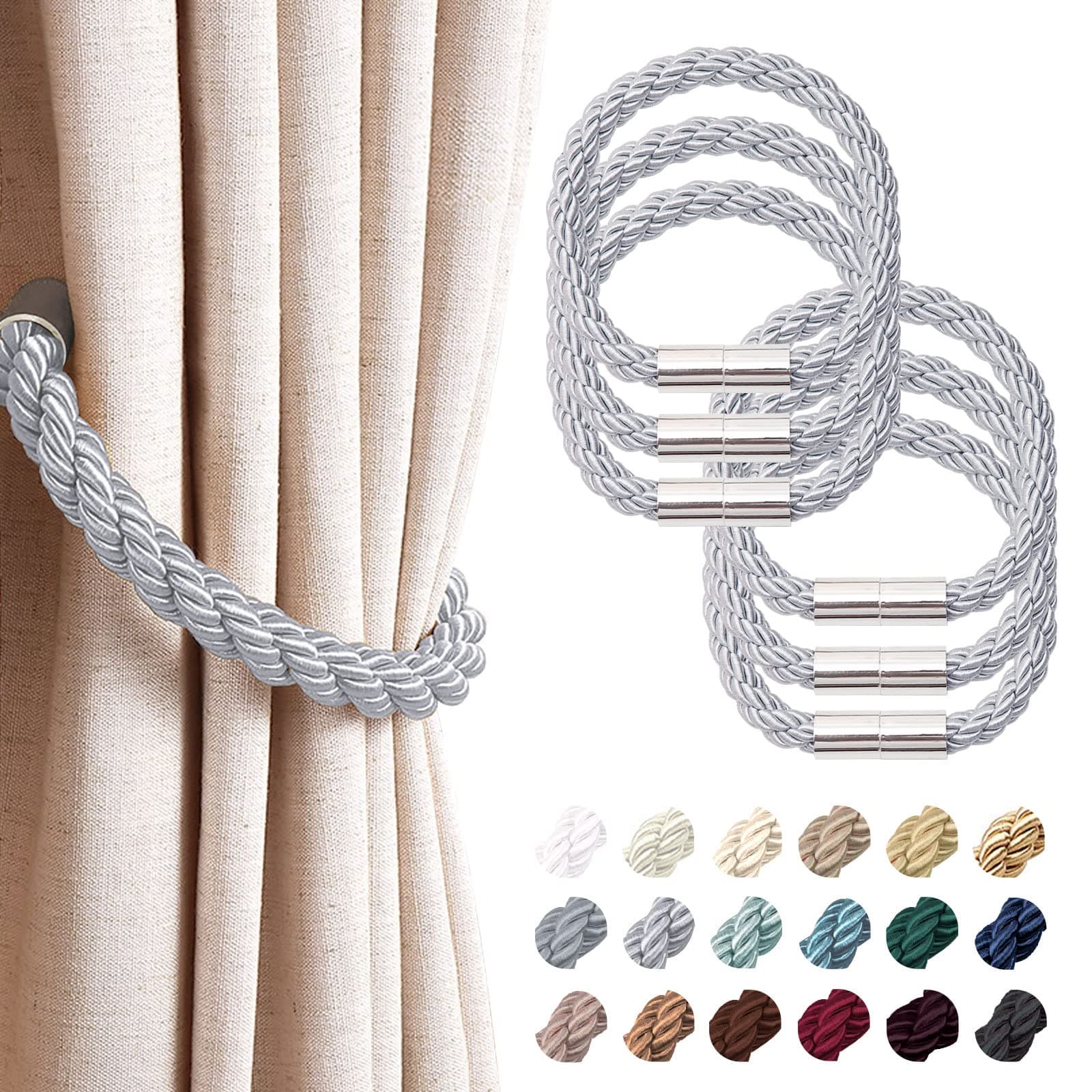 NICEEC 6 Pack Strong Magnetic Curtain Tiebacks Modern Simple Style Drape Tie Backs Convenient Decorative Weave Rope Curtain Holdbacks for Thin or Thick Home & Office Window Draperies (Light Grey)