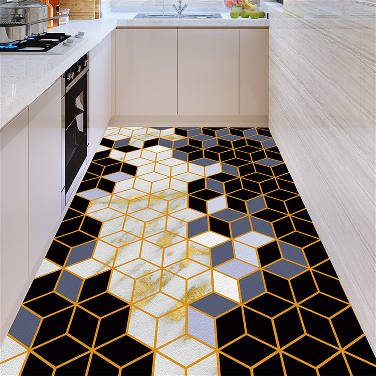 Modern Kitchen Rugs, Geometric Patterns Non Slip Leather Floor Mats, PVC Waterproof Outdoor Carpet, for Home Bedroom Living Room Bath Area Rugs, Customizable,60x450cm
