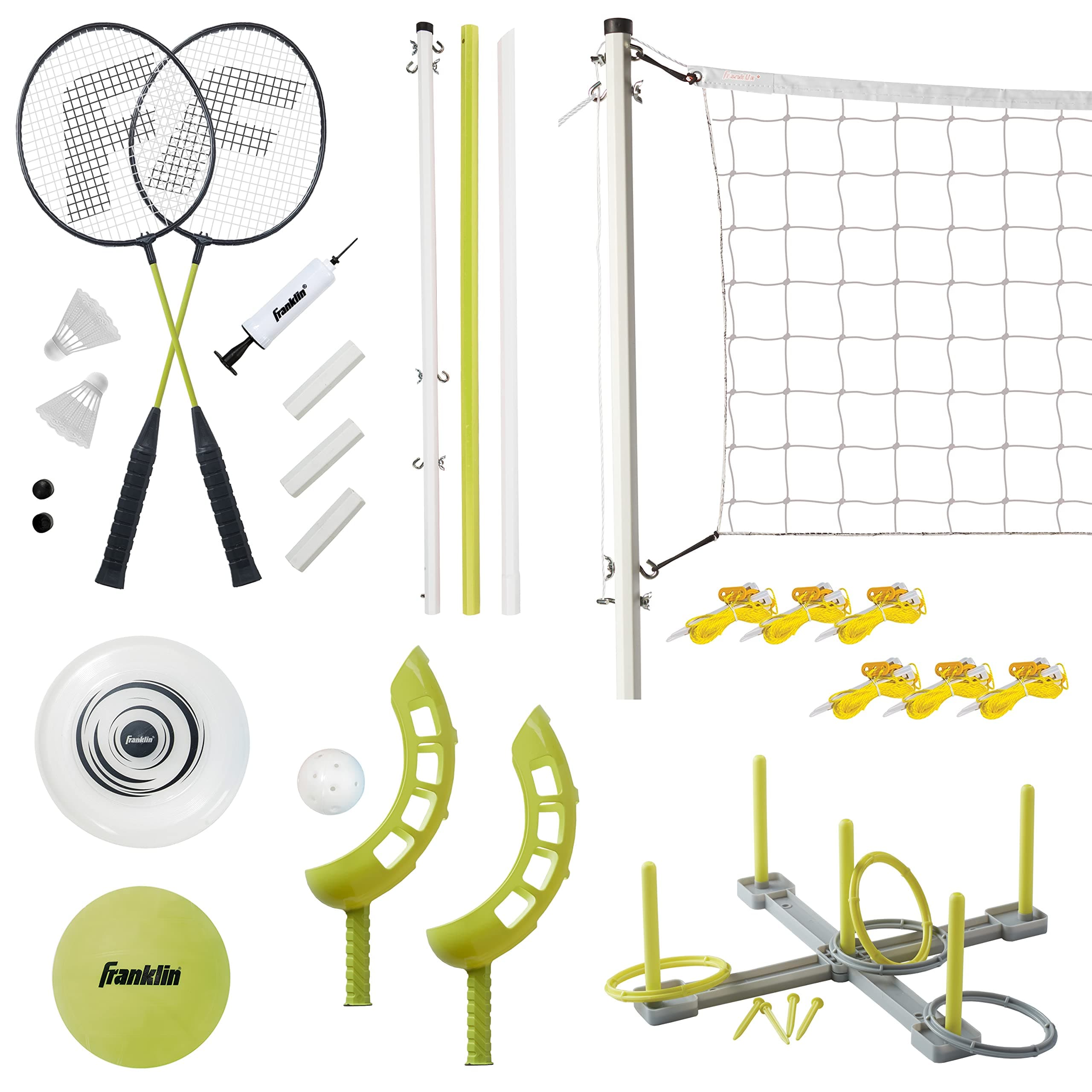 Fun 5 Combo Outdoor Game Set - Backyard, Beach + Camping Games for Kids - Badminton, Volleyball, Flip Toss, Flying Disc - Horseshoes or Ring Toss