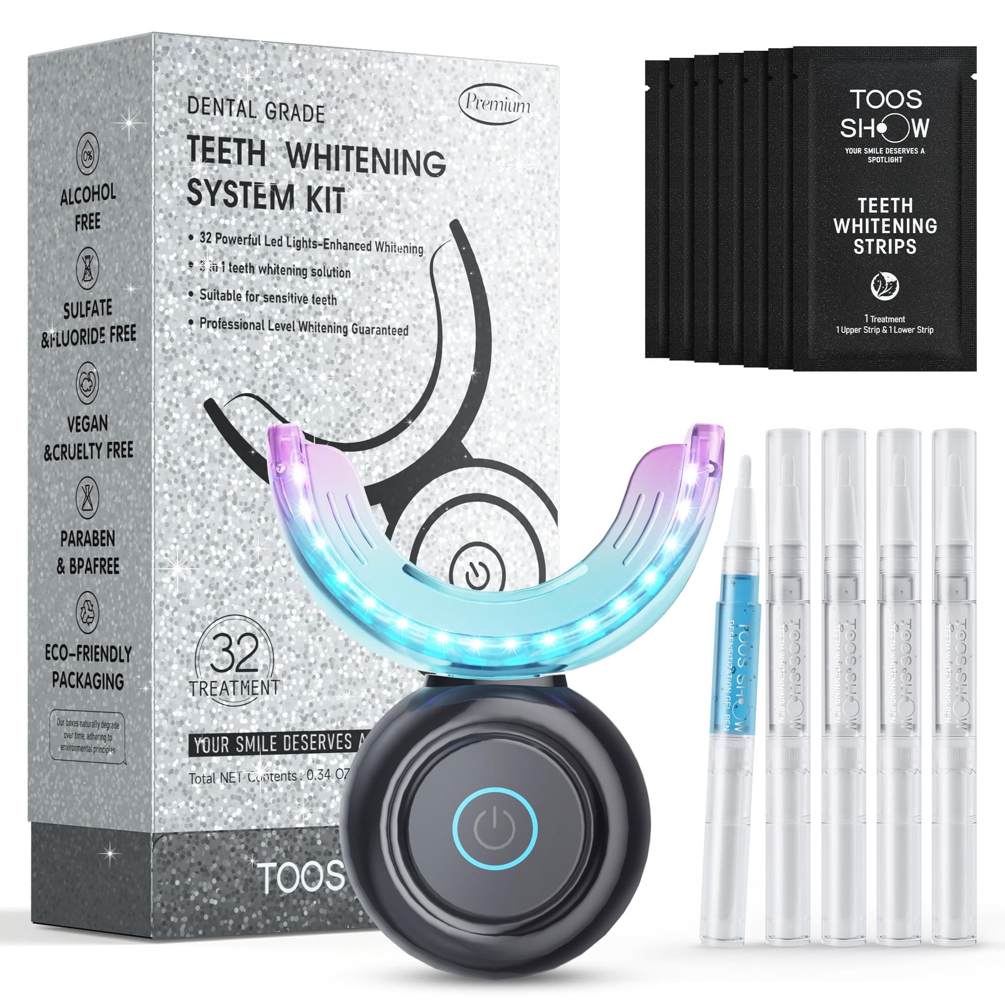 Teeth Whitening Kit for Sensitive Teeth,with 32X Waterproof LED Accelerator Light&4 Carbamide Peroxide Pen&14 Pcs Teeth Whitening Strips&1 Remineralization Pen,Tooth Whitener Professional Oral Care