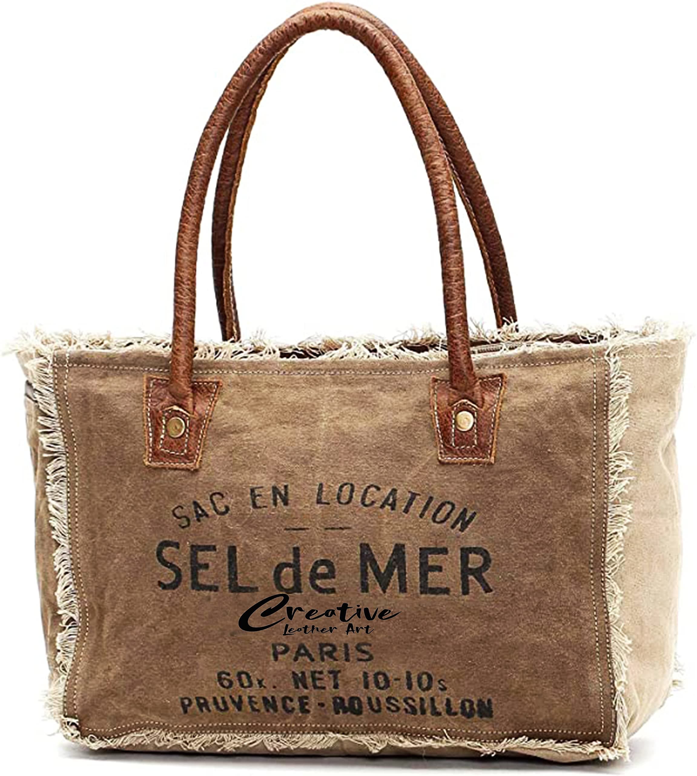 Sel de Mer Canvas Tote Bag for Women with Leather Handles, Shoulder Bag, Casual Everyday Purse, Beach, Travel, Shopping Bag