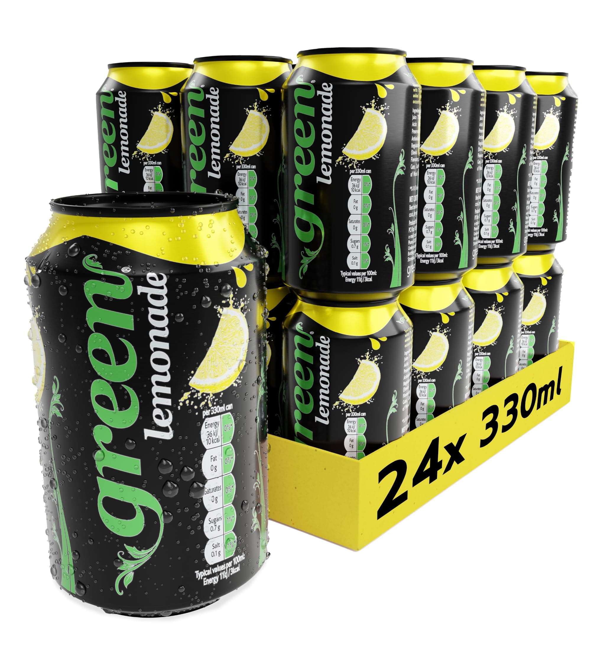 Green Lemonade - Low Calorie Soft Drinks - Sparkling Lemon Flavour with 7% Natural Juice - No Added Sugar, Sweetened with Stevia, No Aspartame - Alternative Fizzy Drink - Bulk Pack 24 Cans x 330ml