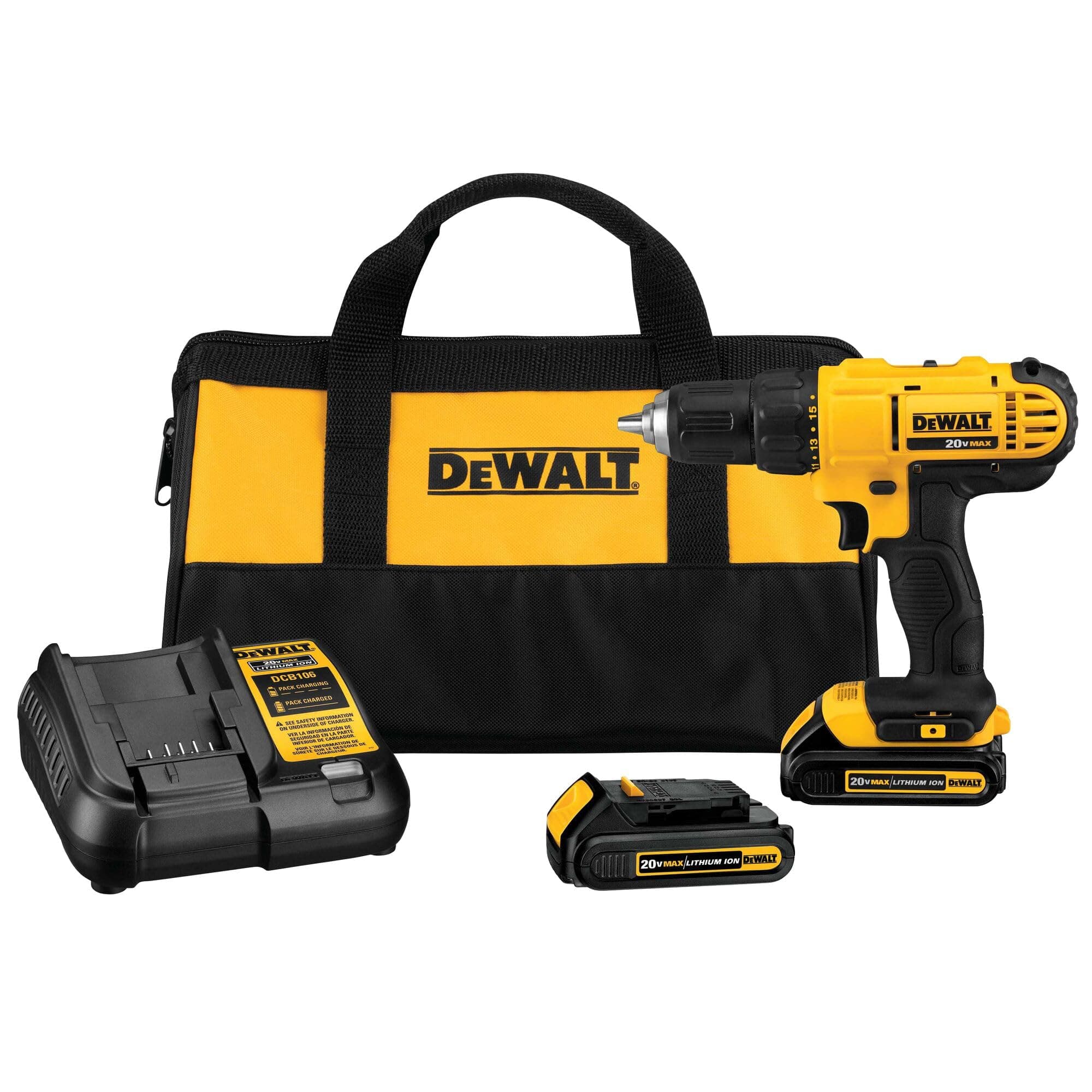 DEWALT 20V Max Cordless Drill Driver Set, 2 Speed, High Performance Motor, Includes 2 XR 1.3Ah Li-Ion Batteries, Charger and Contractor Bag (DCD771C2)
