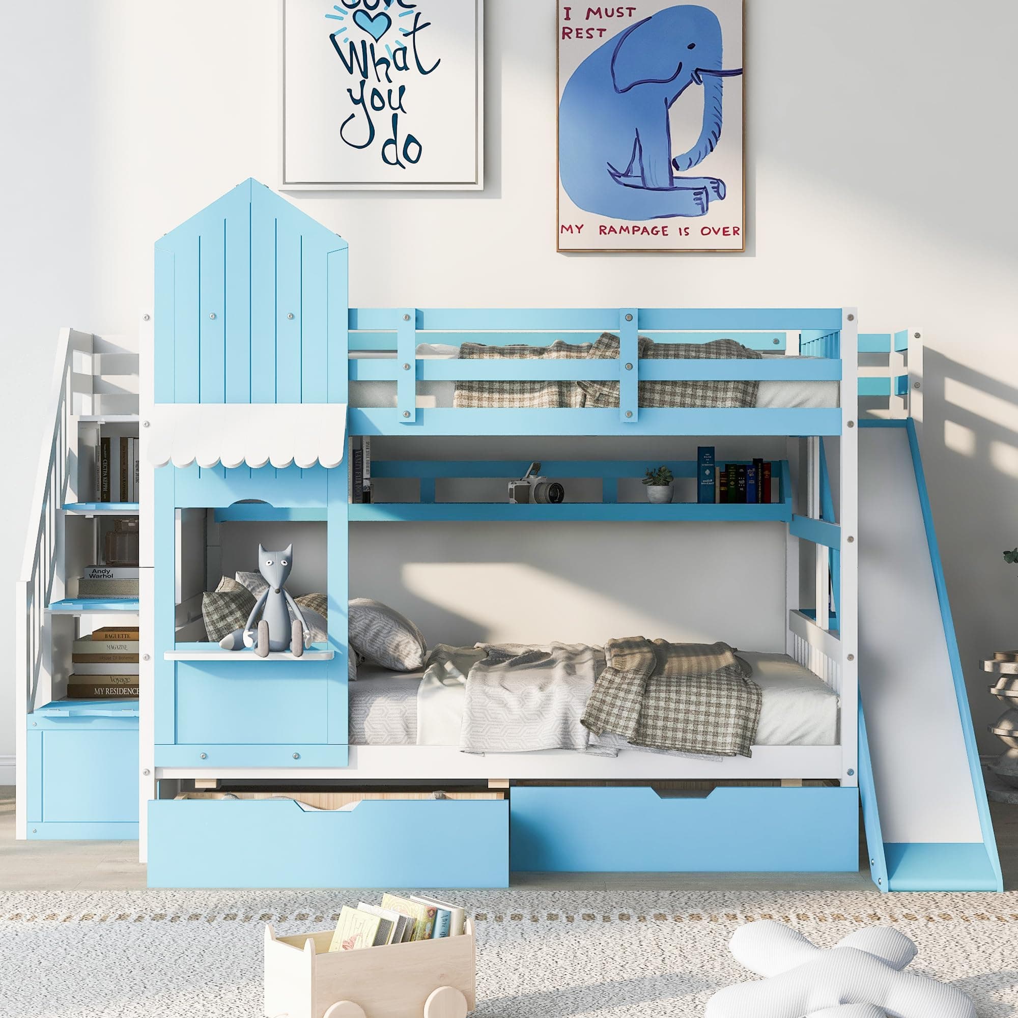 Harper & Bright Designs Full Over Full Bunk Bed with Stairs and Slide, Solid Wood Bunk Bed Frame with Storage Drawers and Bookshelf, for Kids Teens Girls Boys (Blue)