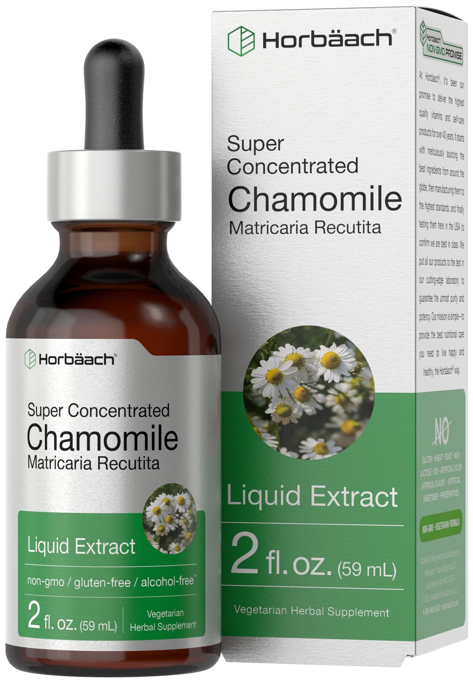 Horbäach Chamomile Extract Liquid | 2 fl oz Tincture | Alcohol Free | Super Concentrated Herb Supplement | Vegetarian Drops | Non-GMO, Gluten Free