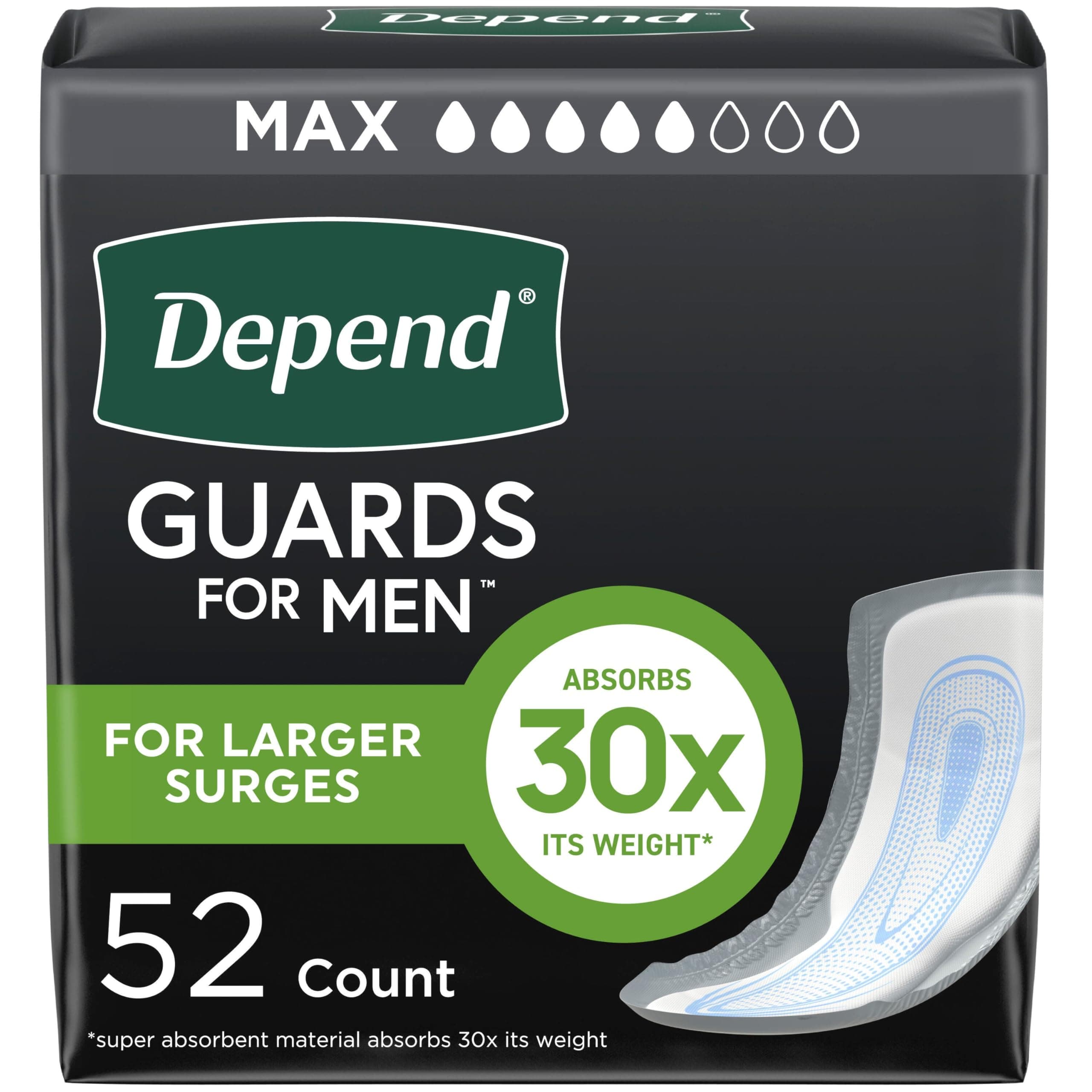 Depend Guards Incontinence Pads for Men, Maximum Absorbency, 52 Count, Packaging May Vary