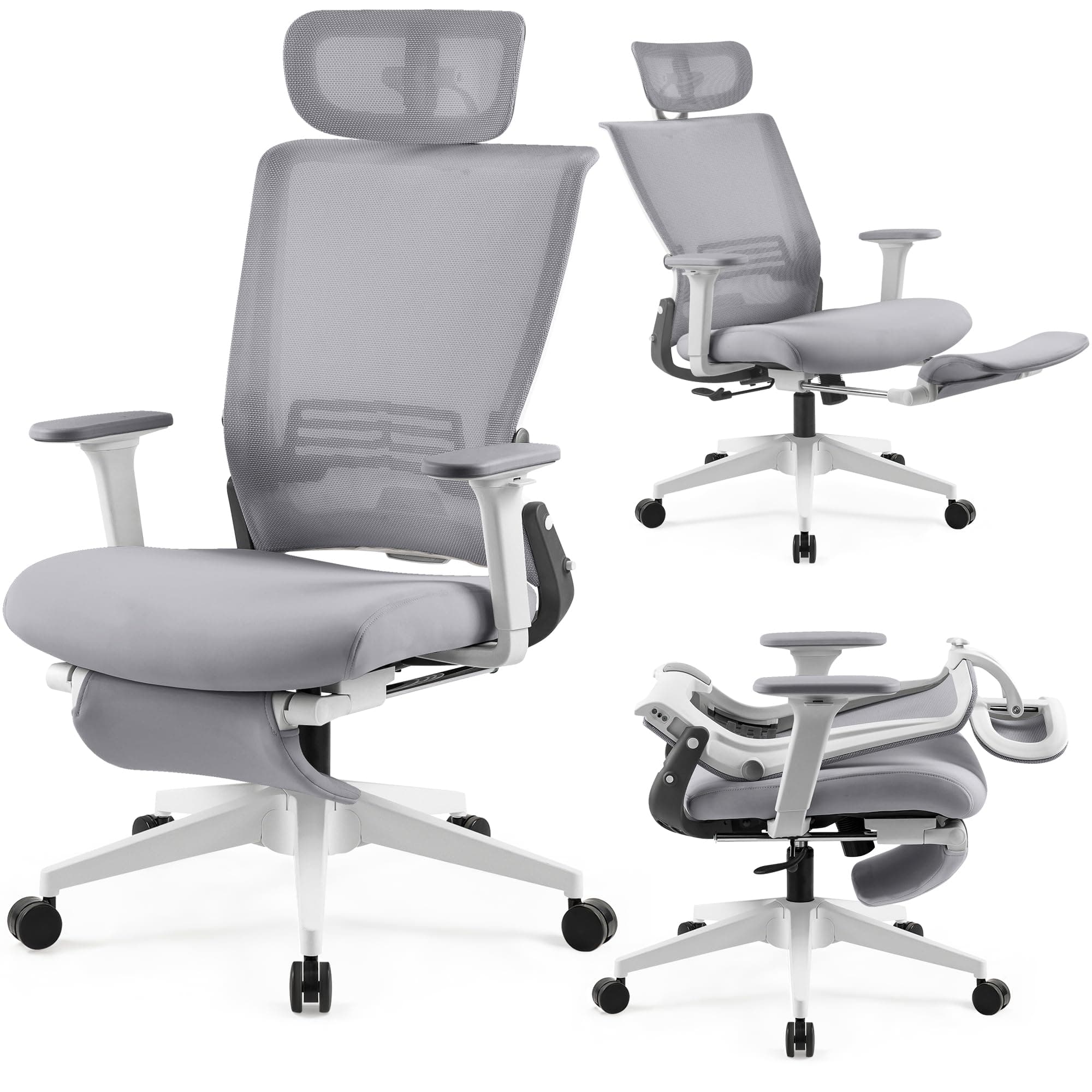 Foldable Ergonomic Office Chair with Footrest, High Back Computer Chair with 2D Headrest, Mesh Back, Sponge Seat, Adjustable Lumbar Support, 2D Armrest, Home Office Desk Chair, Grey