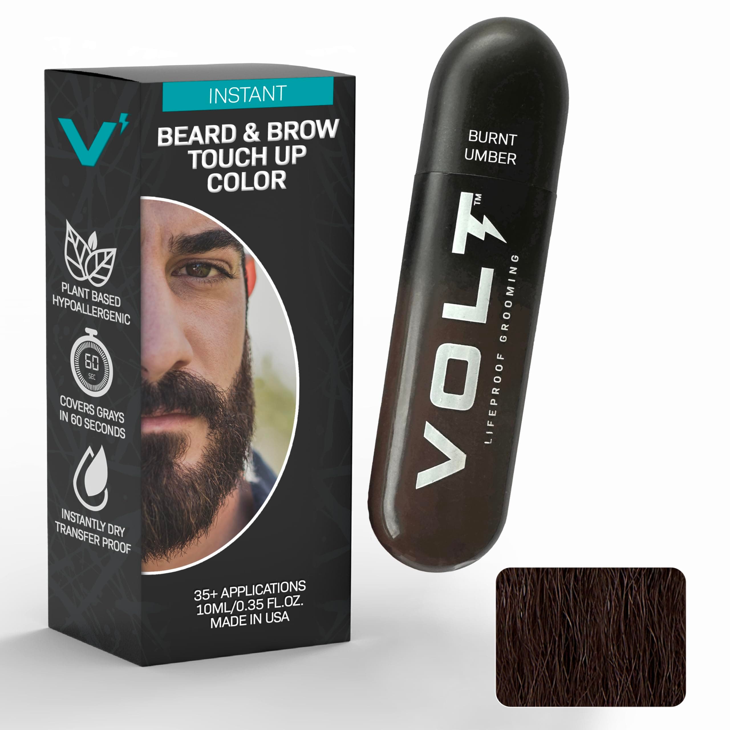 VOLT Grooming Temporary Instant Beard Color for Men, Quick Drying Plant-Based Brush On Beard, Mustache & Eyebrow Color, Sensitive Skin Safe, Burnt Umber Deep Dark Brown, 1 Pack, Up to 35 Applications